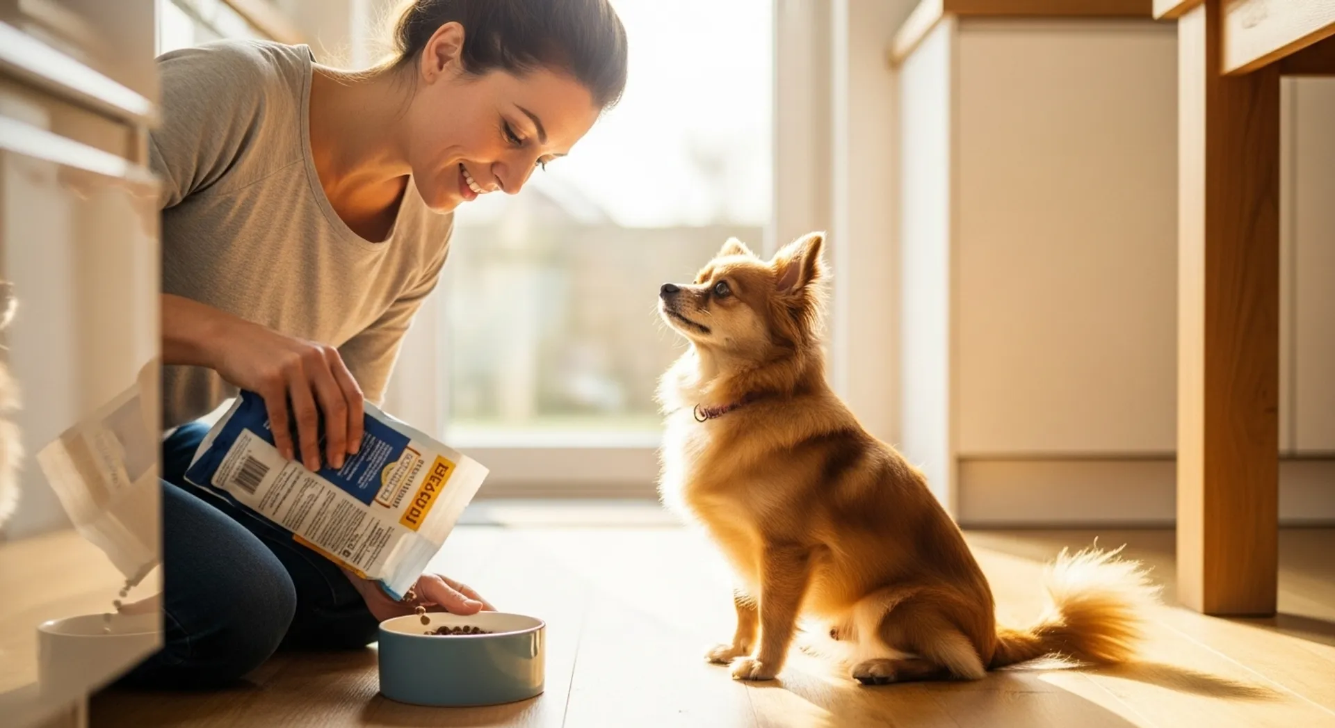 A woman lovingly feeds her dog from a bowl, illustrating essential pet care tips for responsible dog ownership.