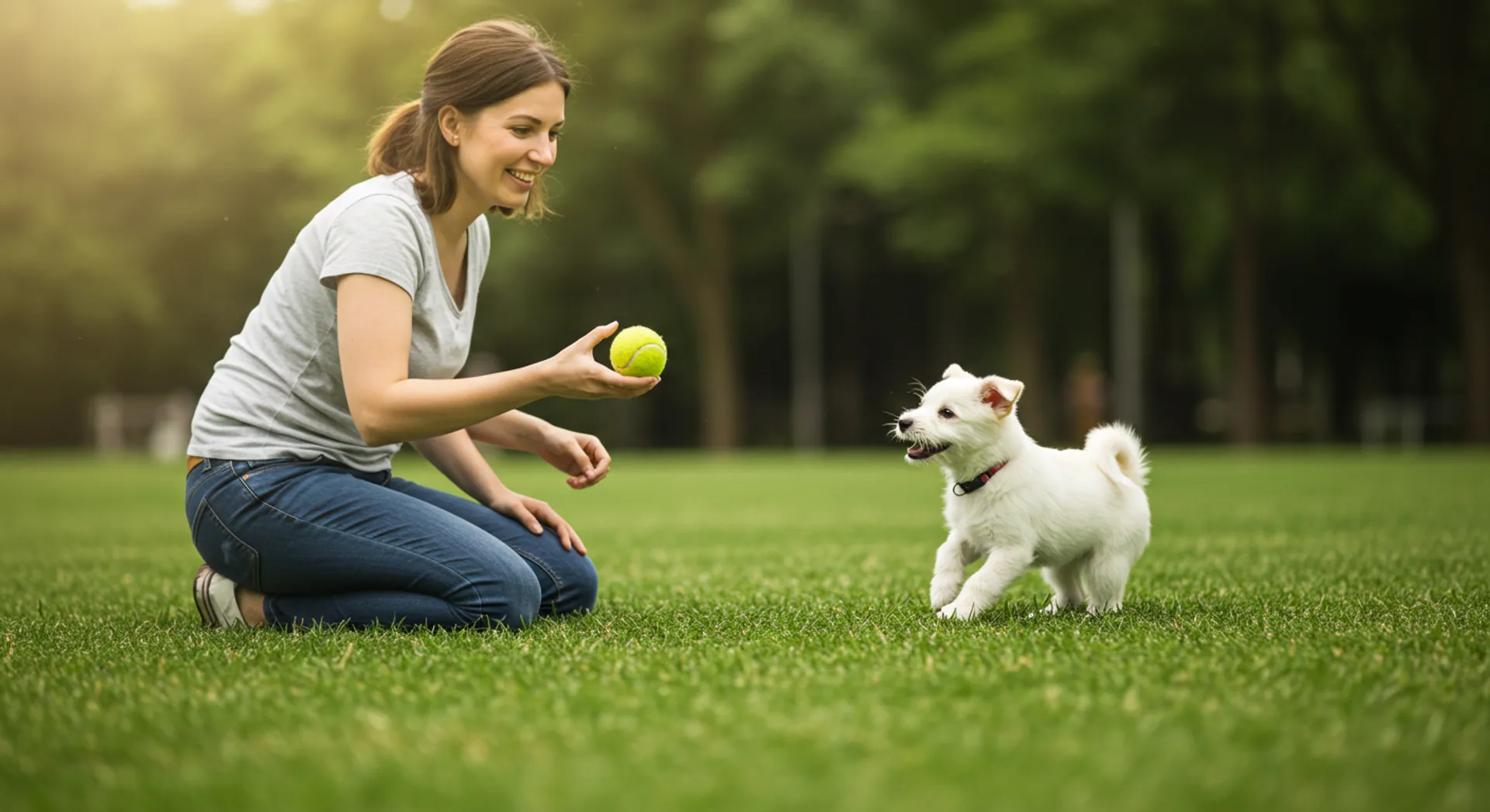 A woman joyfully plays with a small white dog in a grassy area, illustrating creative ways to keep pets happy.