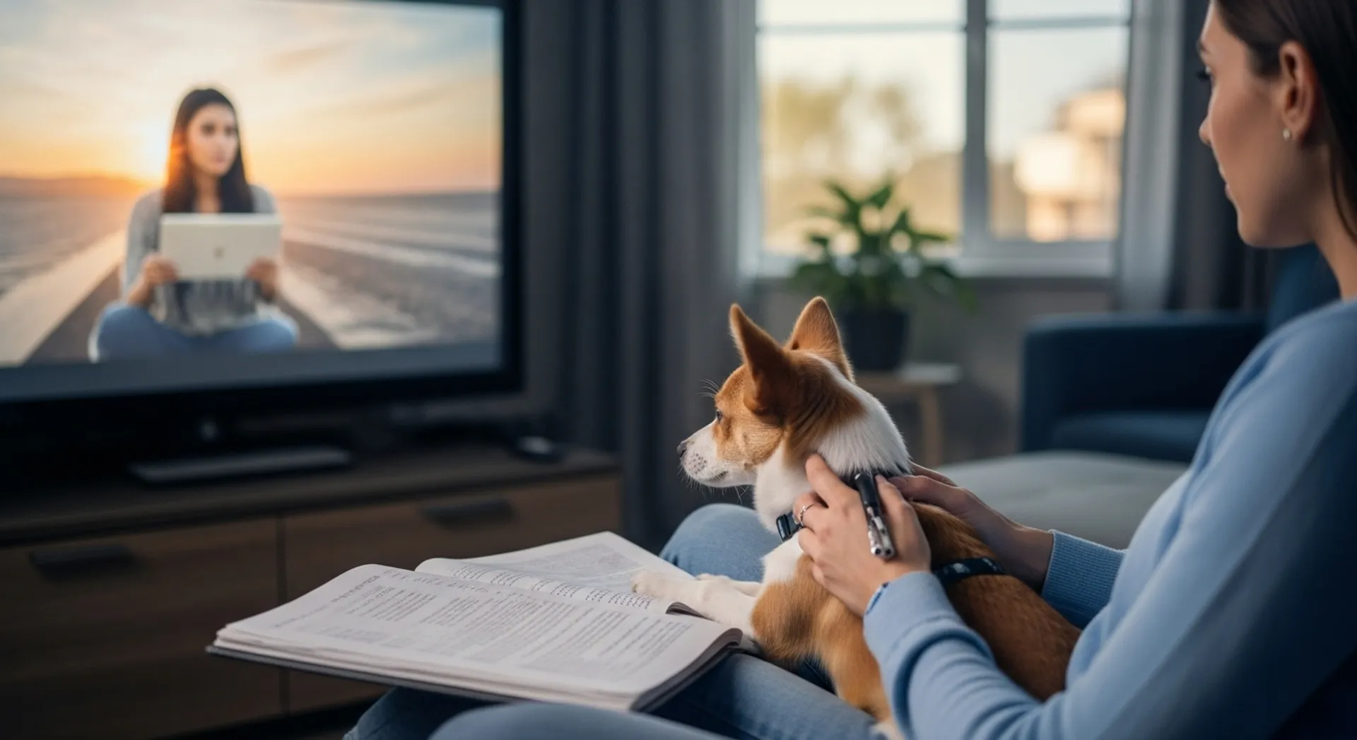 A woman and her dog sit on a couch, both watching TV together, enjoying a cozy moment.