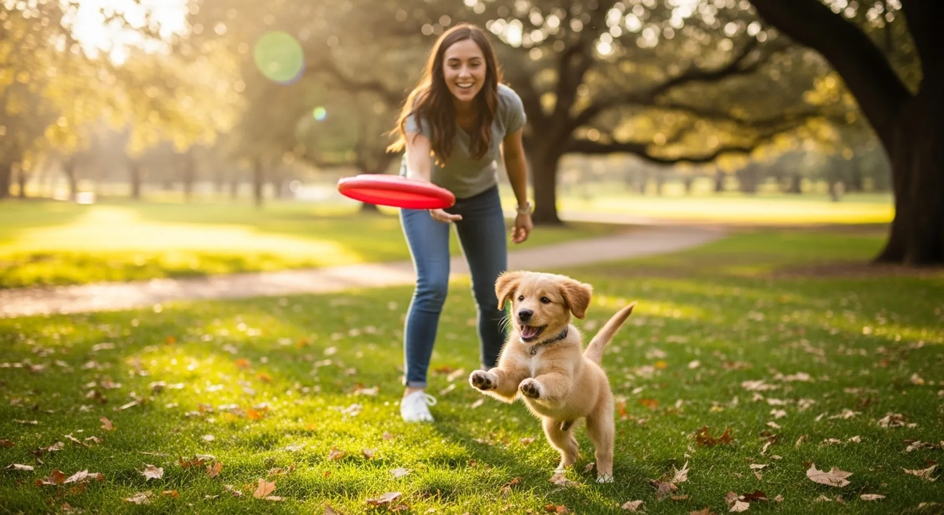 A woman joyfully plays with her dog in a park, showcasing creative ways to keep pets happy and engaged.