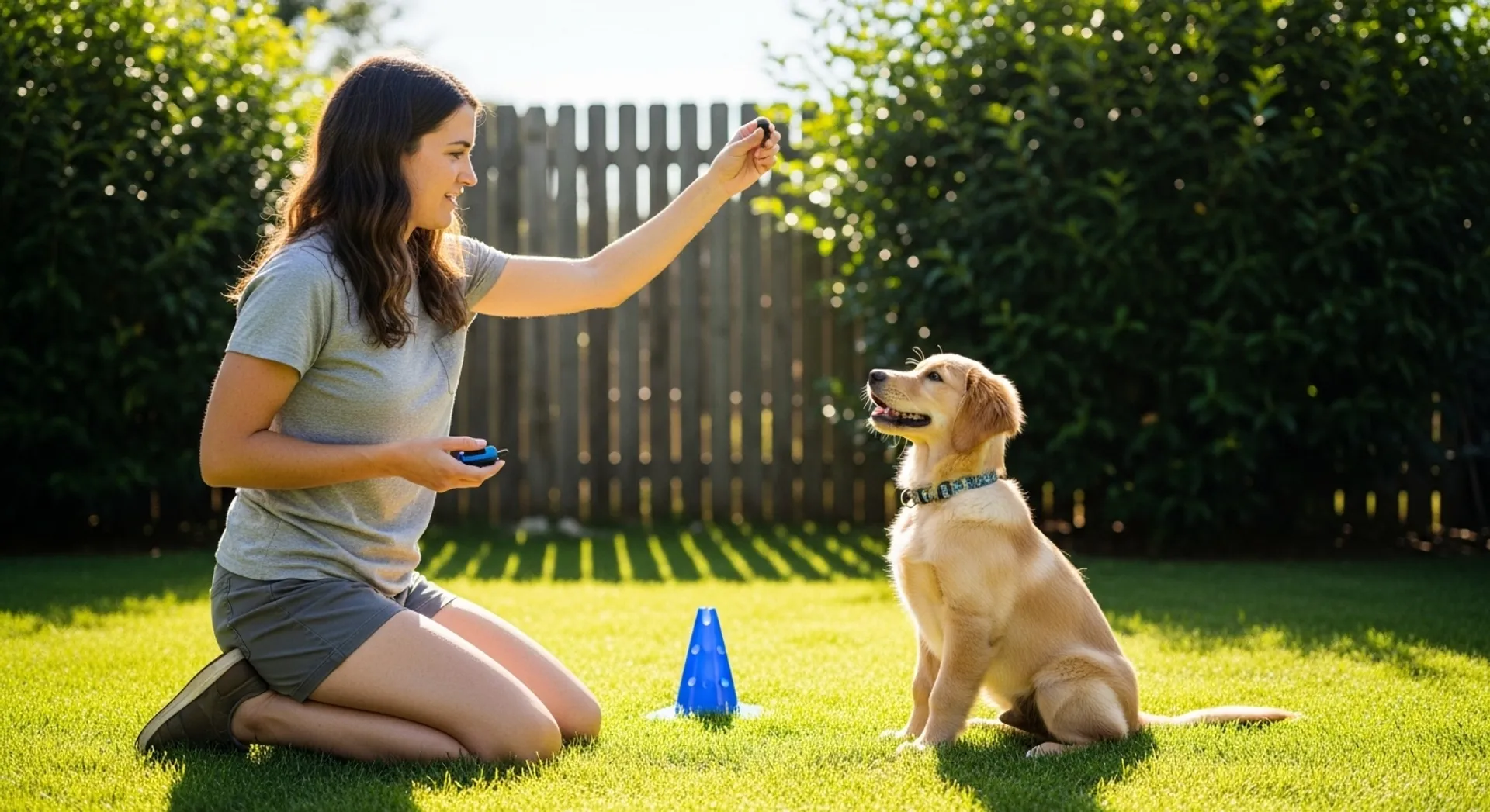 A woman plays with a dog in a yard, illustrating the joy of pet training and bonding.