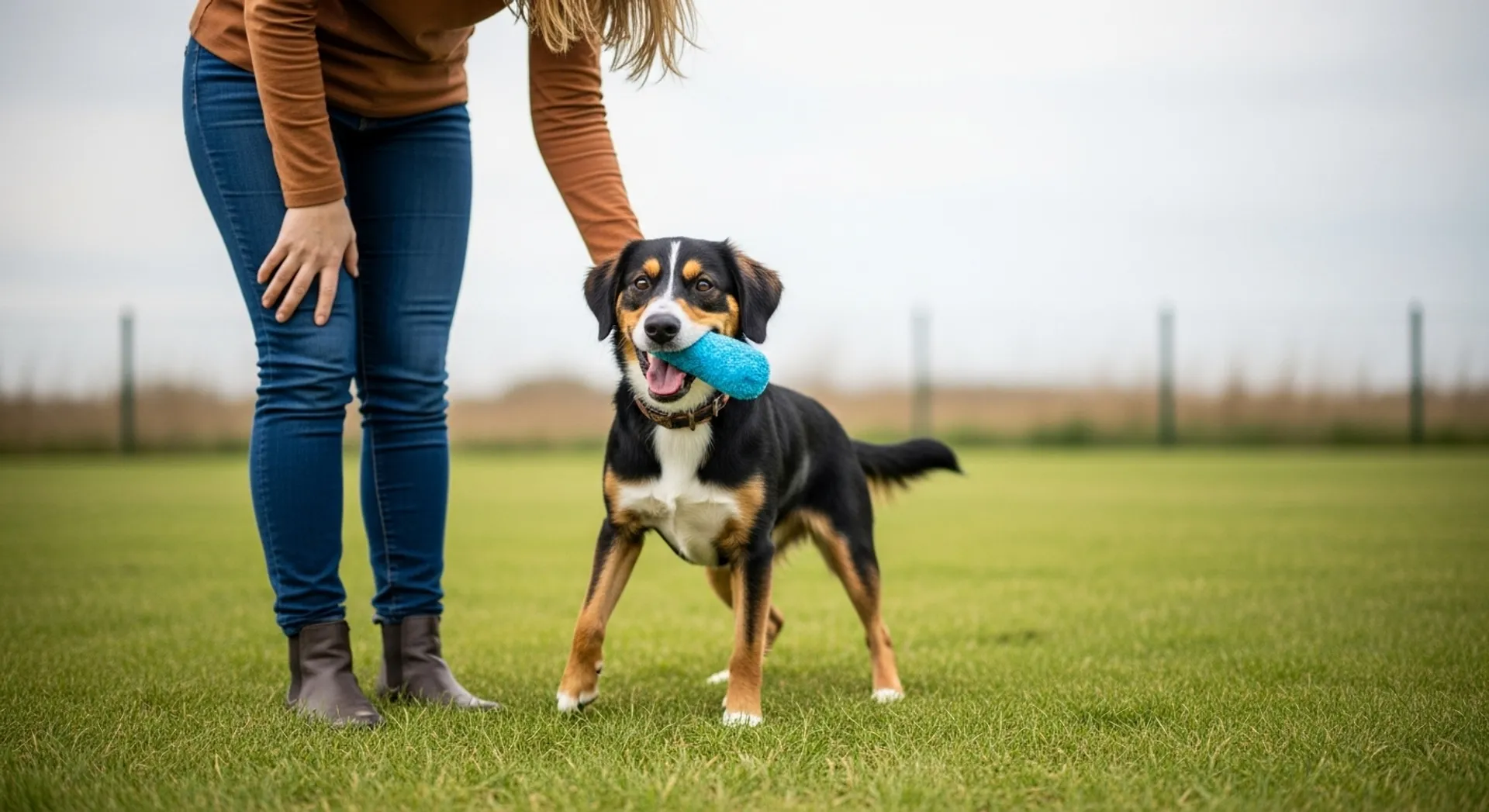 A woman holds a blue ball, preparing to play with her dog, emphasizing essential pet care tips for dog owners.
