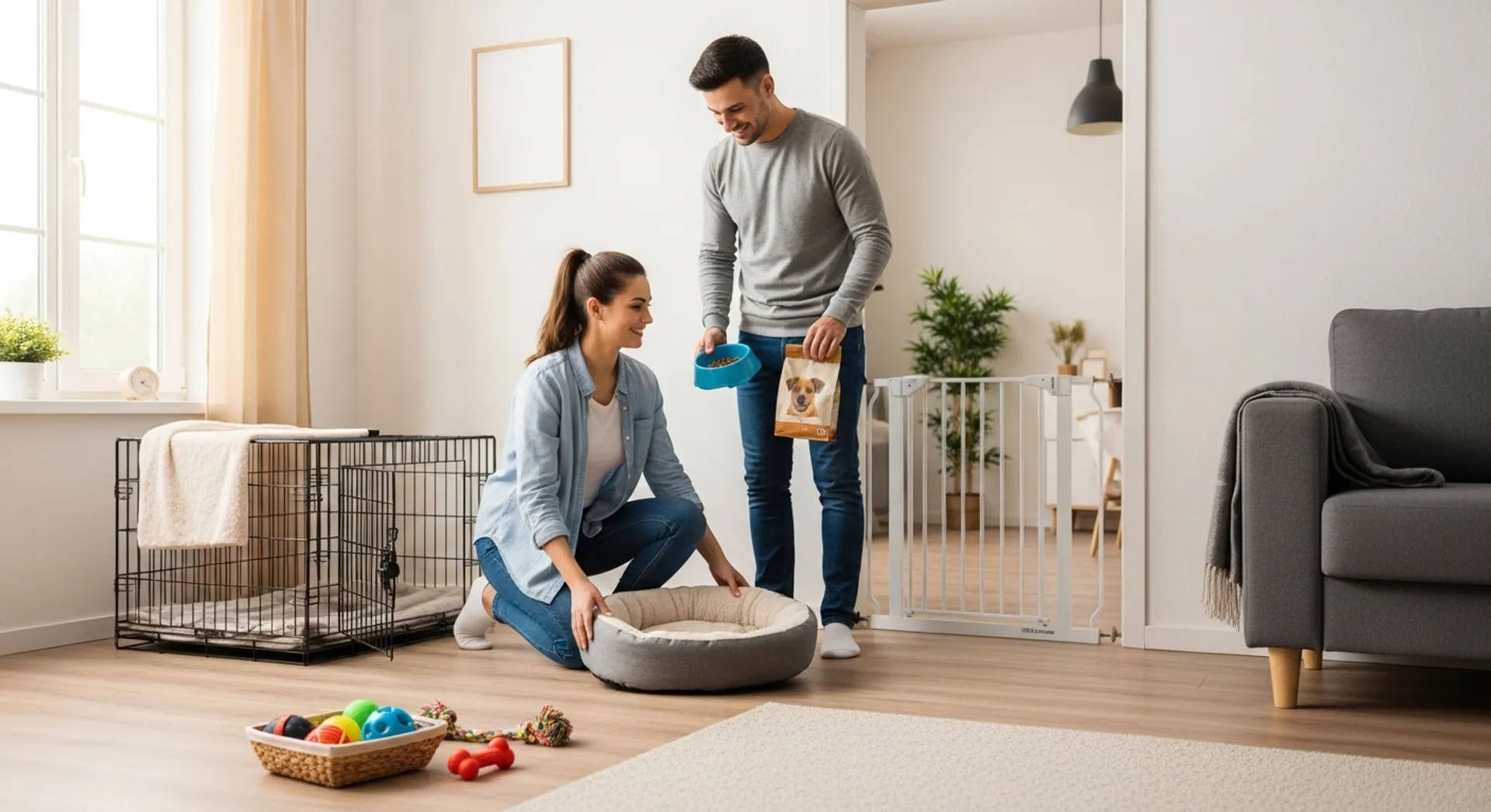 A man and woman clean a dog's cage, emphasizing the importance of a tidy environment for a happy pup.