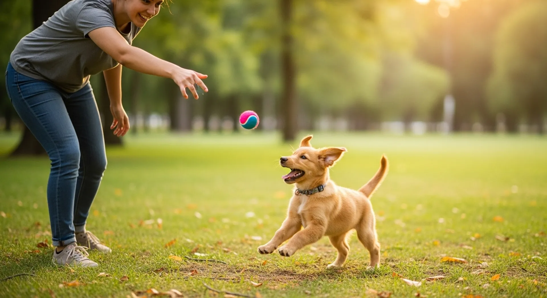 A woman joyfully plays with a dog in a park, highlighting the bond between pets and their owners.