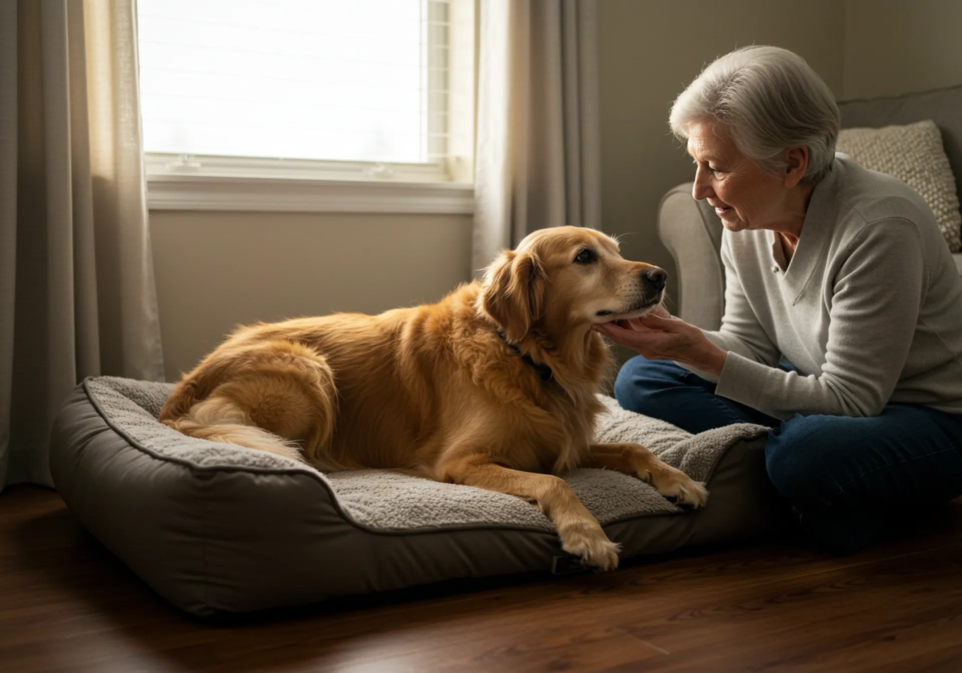 An older woman gently pets a dog on a bed, illustrating companionship in 'A Complete Guide to Golden Years Wellness.'