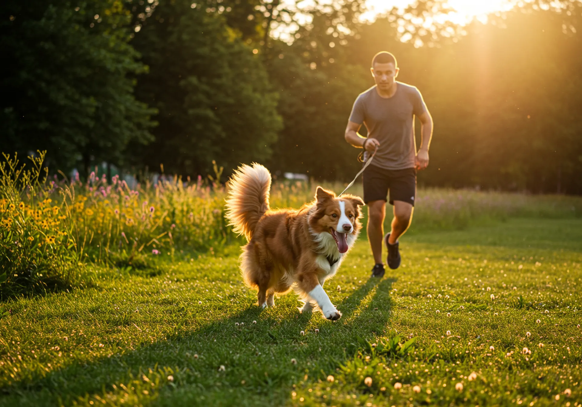 A man walks his dog in a sunny field, illustrating tips from 'The Ultimate Guide to a Happy Pup.'