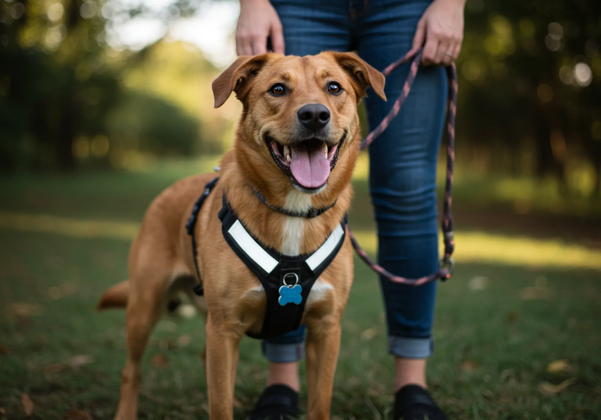 A dog in a harness stands on grass, illustrating essential tips for keeping your pup protected outdoors.