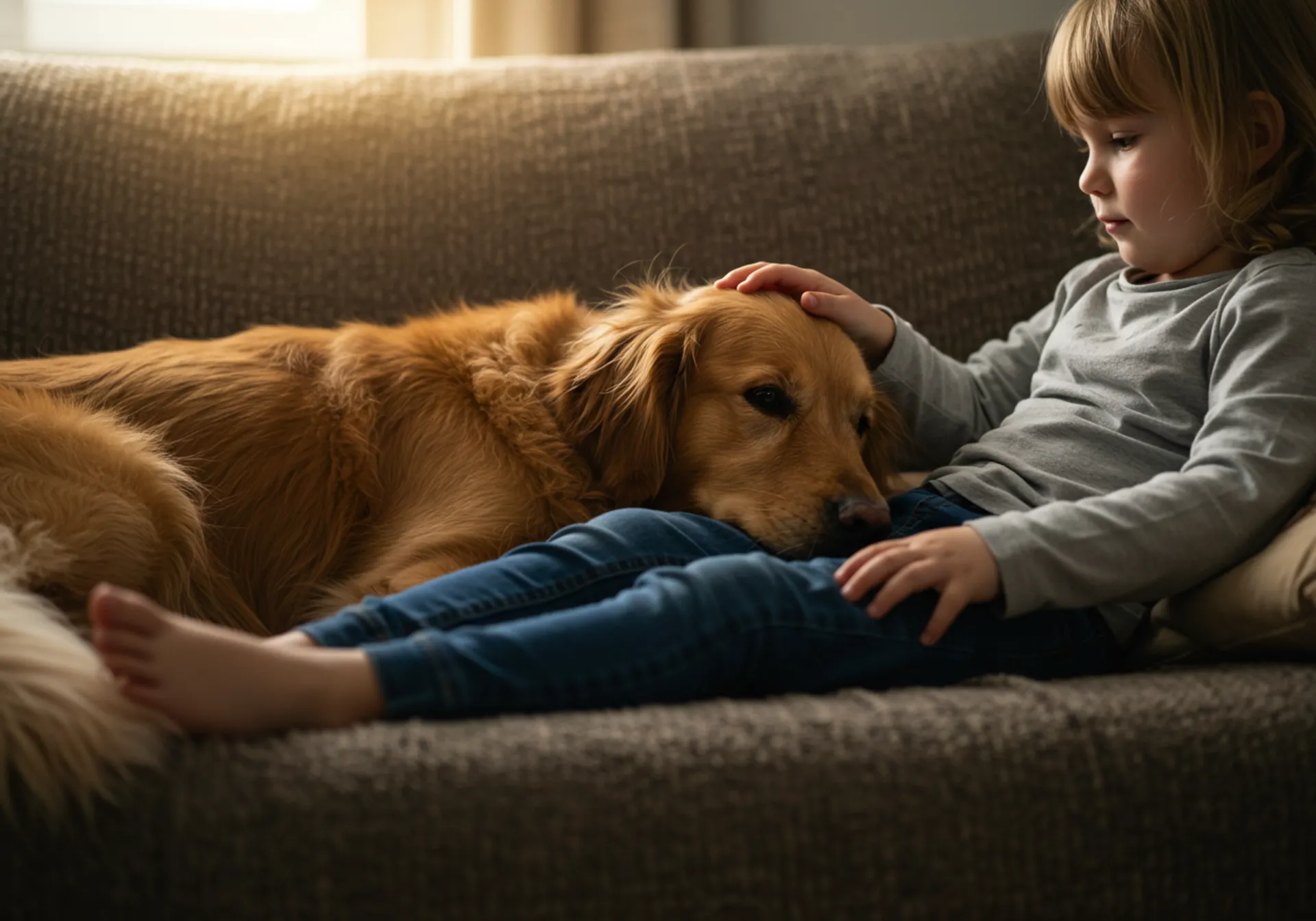 A young girl sits on a couch, lovingly cuddling a dog, embodying the bond of friendship in heartwarming stories.