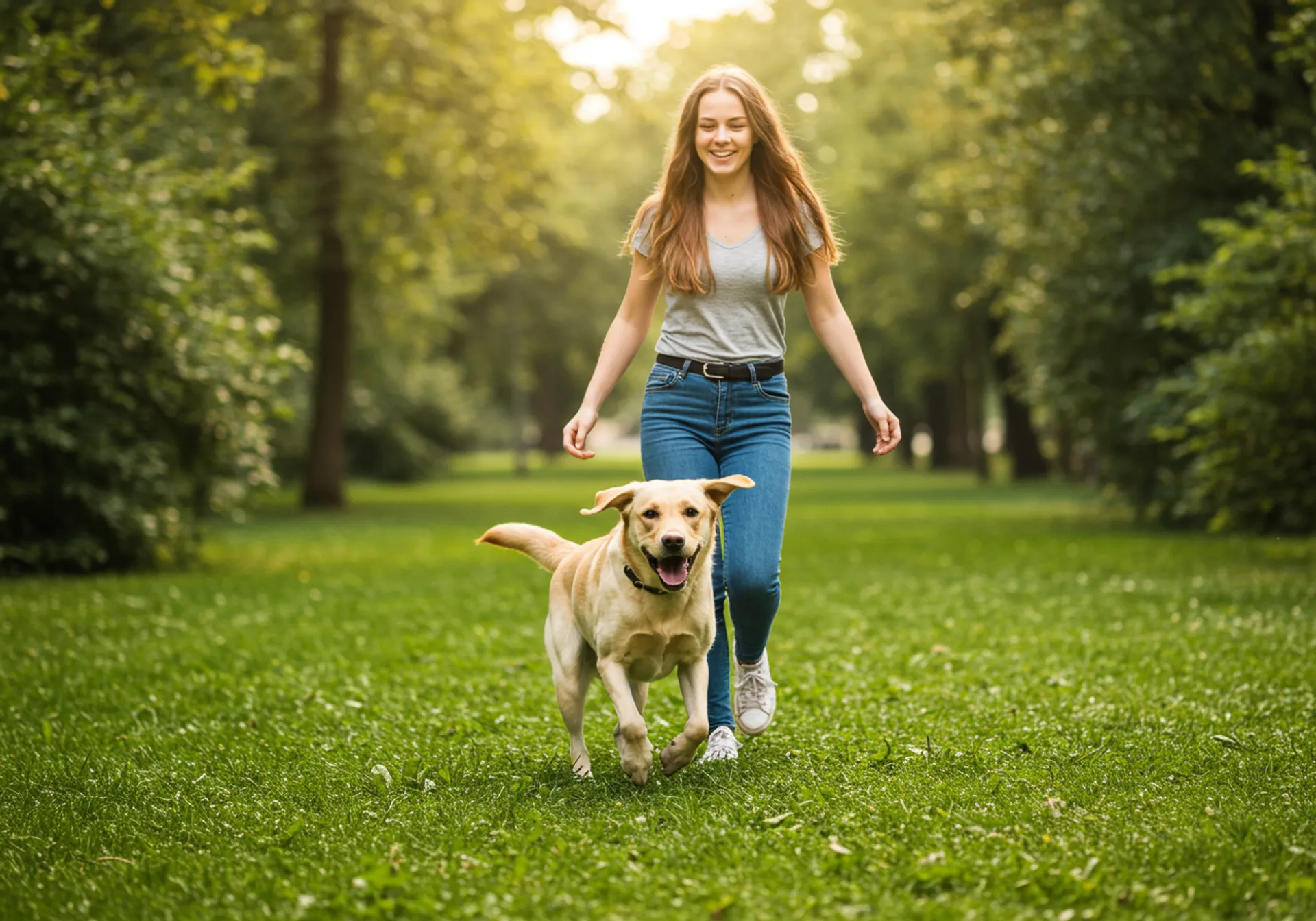 A woman walks her dog in a park, illustrating a scene from 'A Complete Guide for Every Pet Parent.'