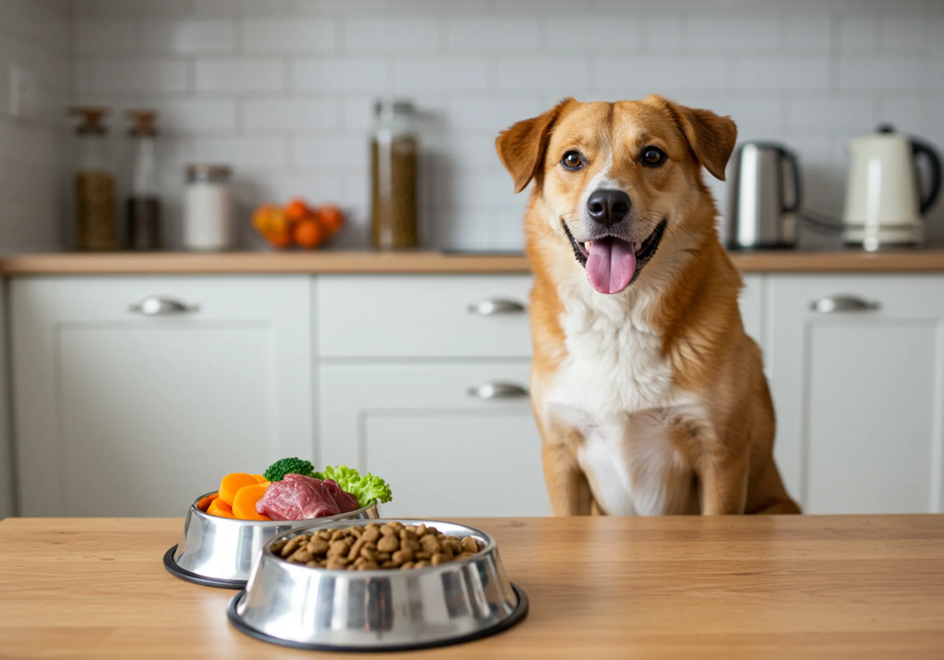 A dog sits at a table with two bowls of food, illustrating proper nutrition for pets from "The Complete Guide to Dog Nutrition."