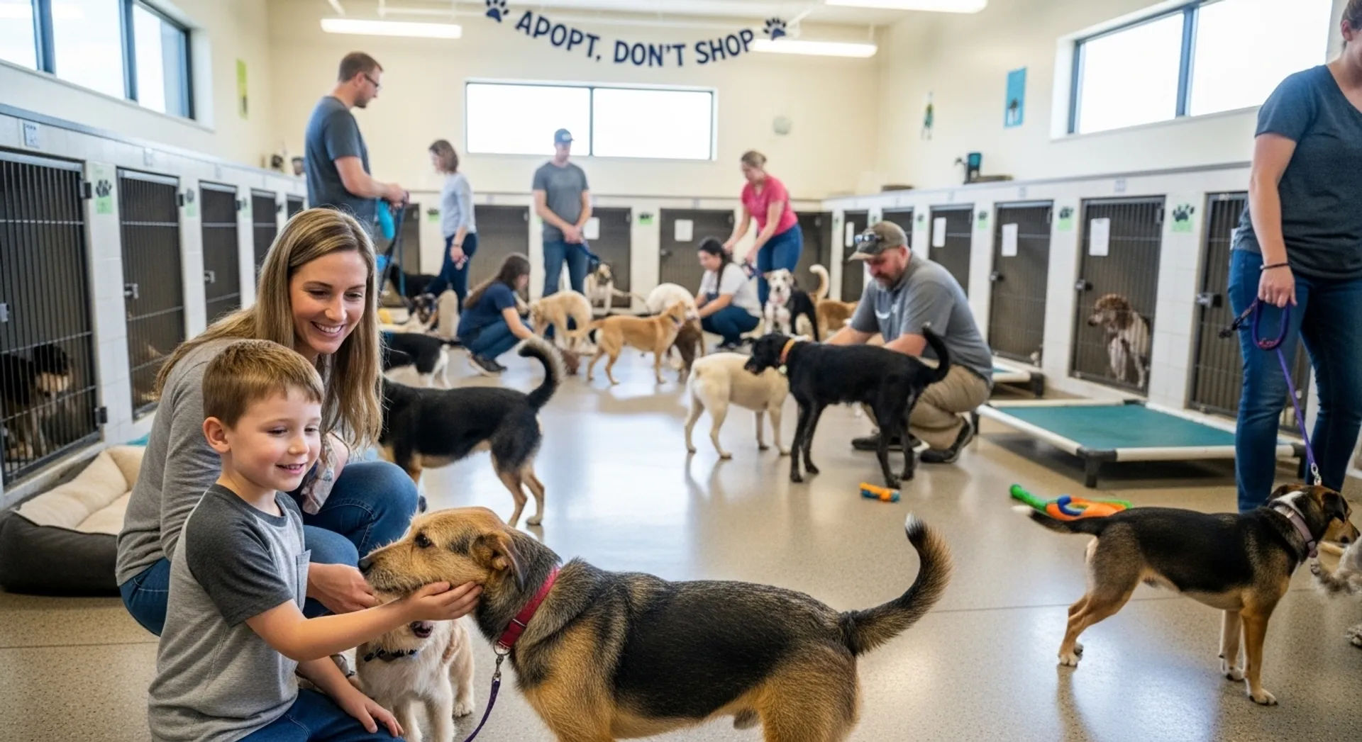 A woman and a child gently petting dogs in a kennel, highlighting inspiring stories of second chances for dogs.