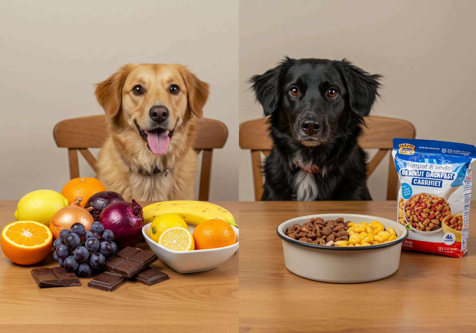 A dog and a cat sit at a table, sharing a bowl of food, illustrating pet nutrition from "The Complete Guide to Dog Nutrition."