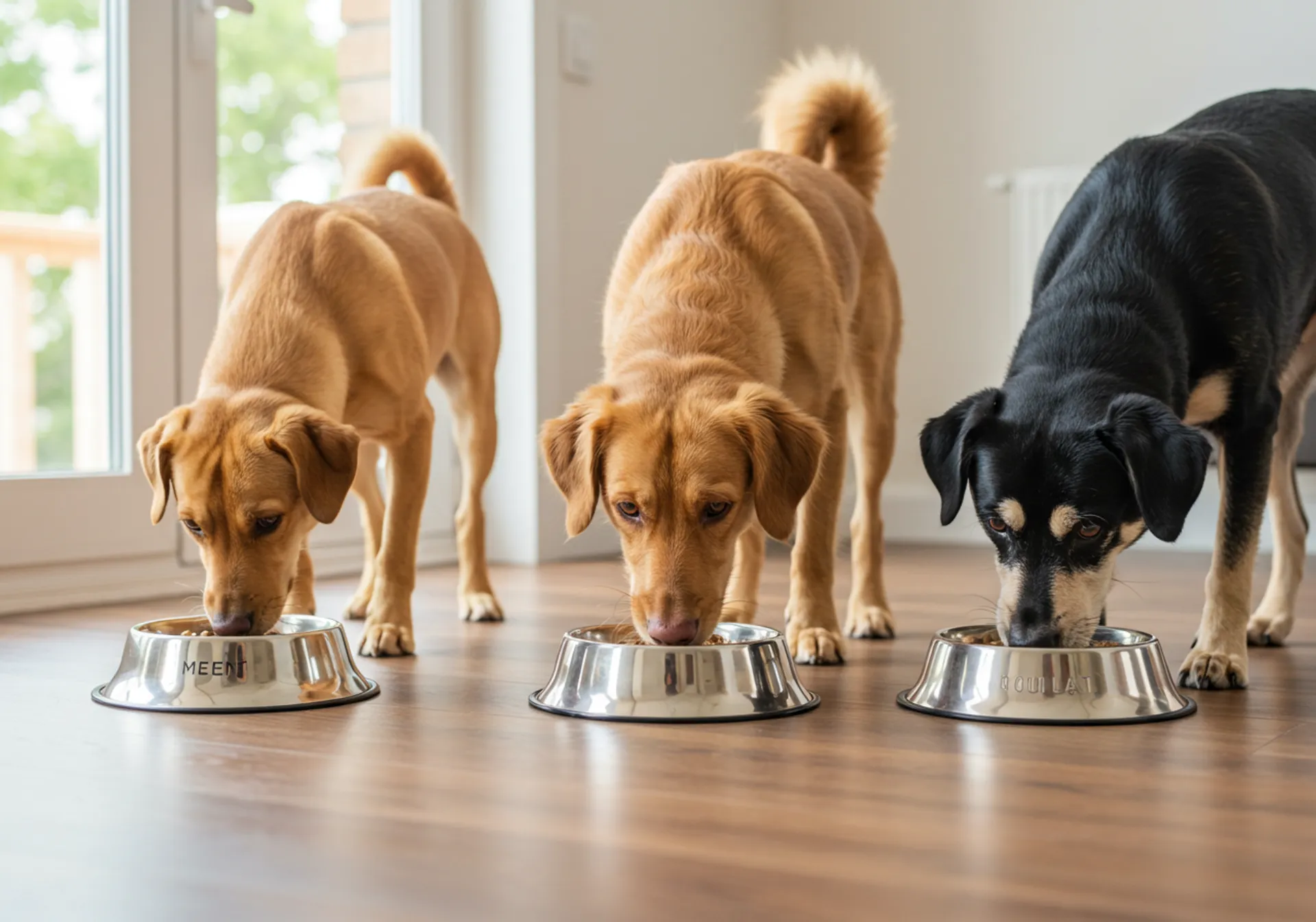Three dogs happily eating from their bowls on a wooden floor, illustrating proper dog nutrition practices.