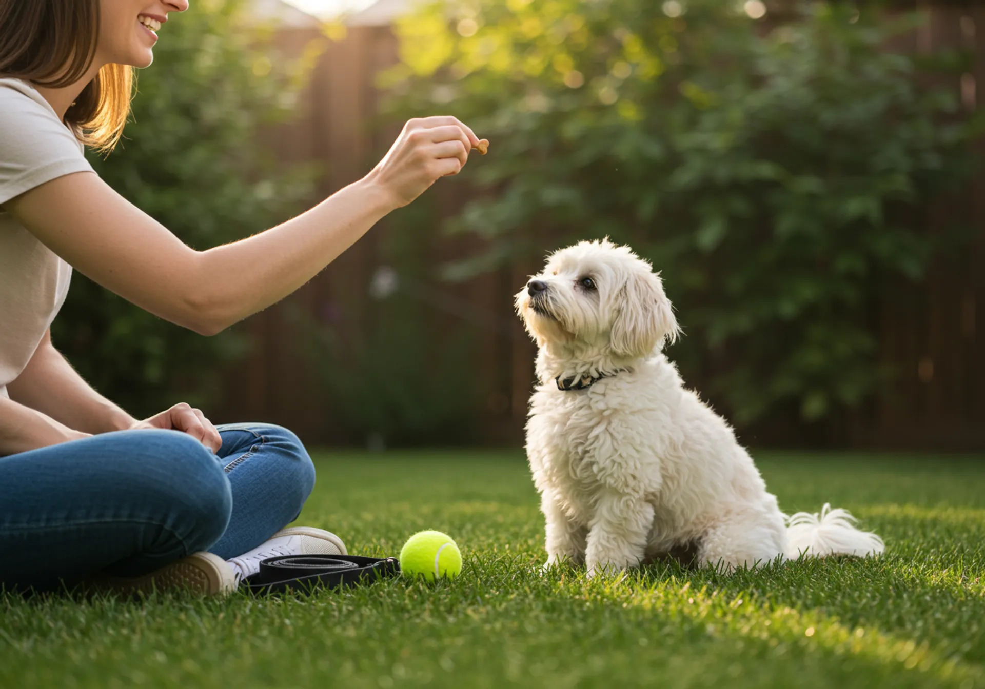 A woman gently pets a small white dog on the grass, illustrating a moment of joy from "The Ultimate Guide to a Happy Pup."