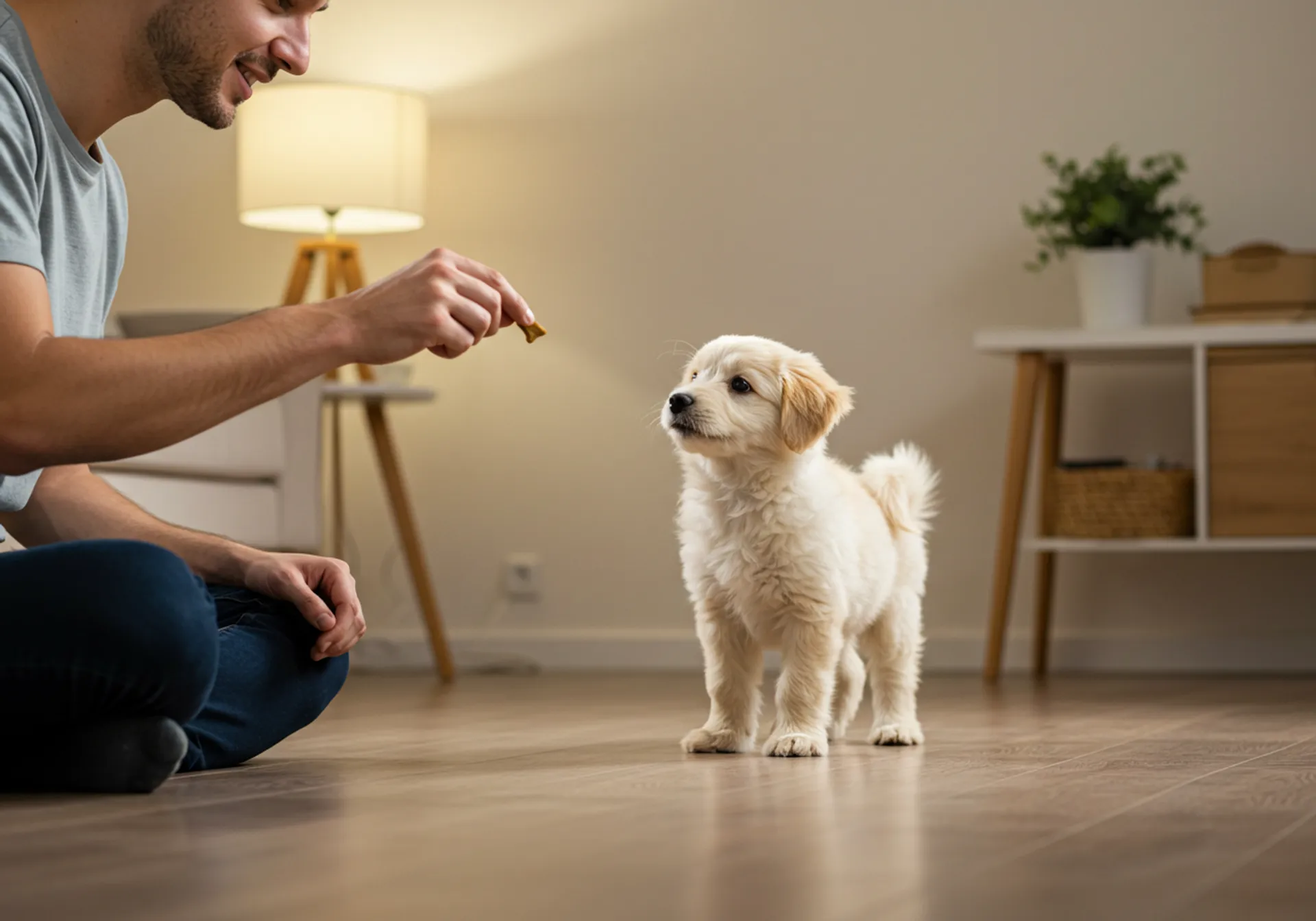 A man gently pets a puppy in a cozy living room, illustrating the joy of companionship in "The Ultimate Guide to a Happy Pup."