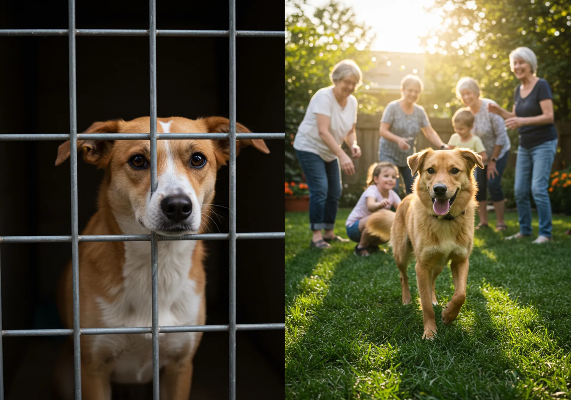 Two images of dogs in cages with people in the background, highlighting heartwarming stories of companionship and rescue.