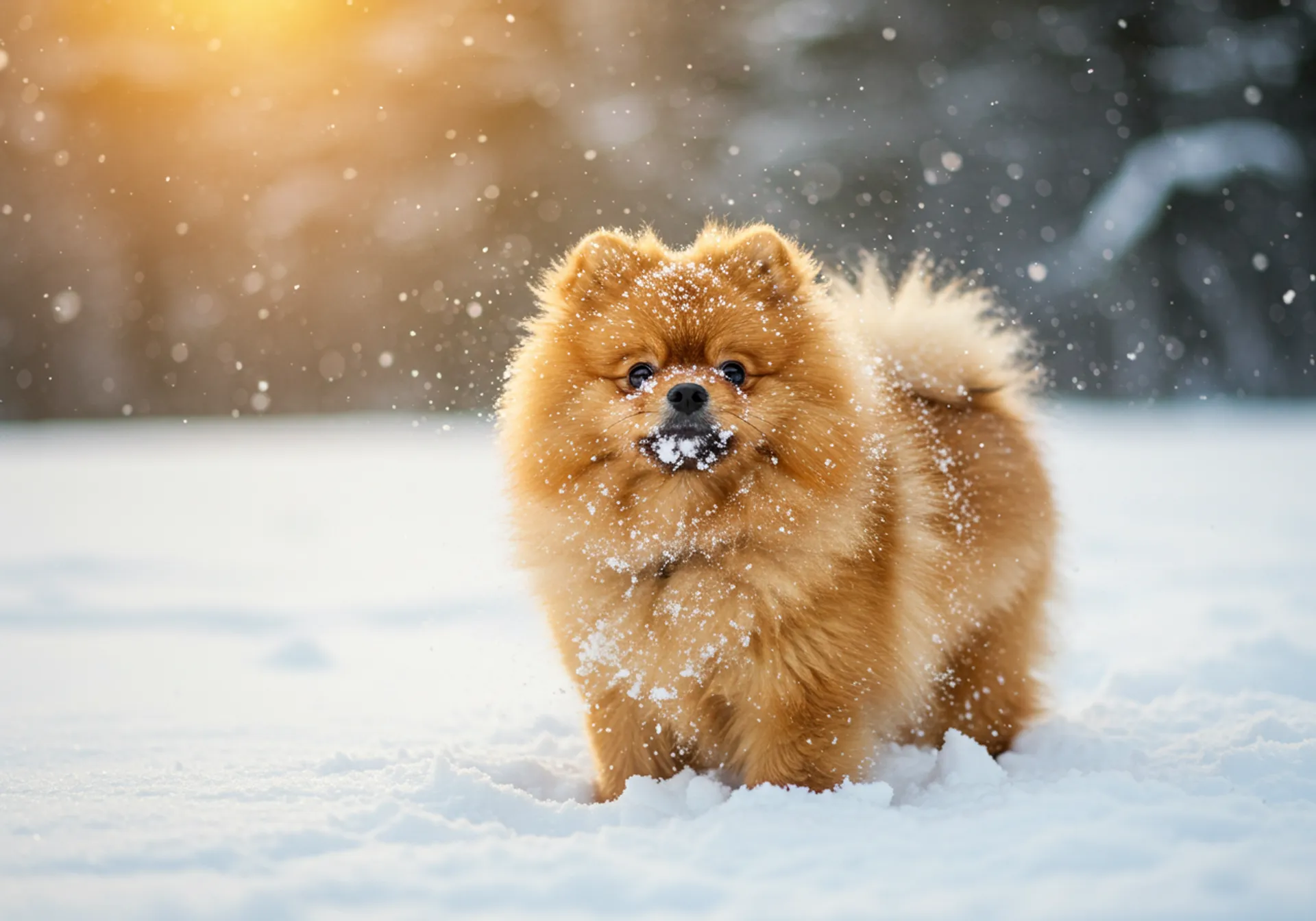 A fluffy Pomeranian dog stands playfully in the snow, embodying joy and warmth in a winter landscape.