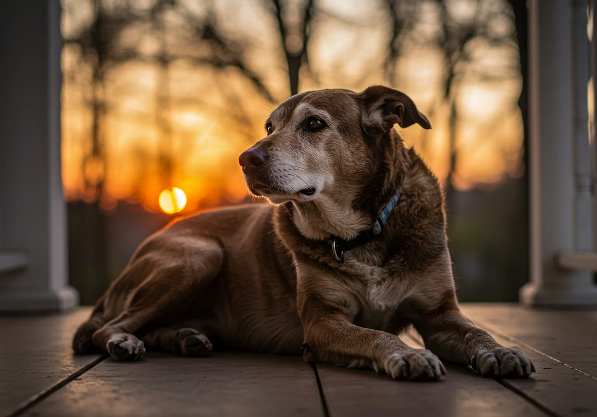 A dog sitting on a porch at sunset, embodying the warmth of friendship and the beauty of shared moments.