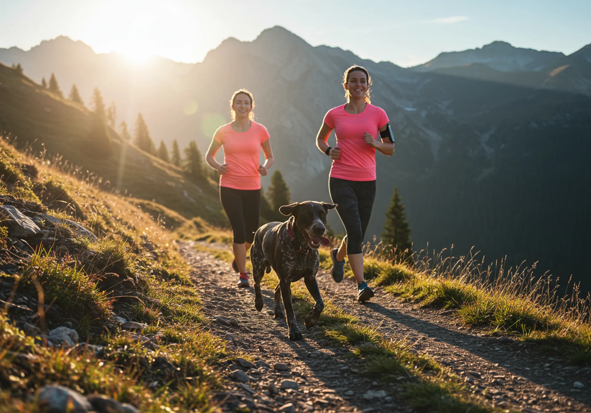 Two women jogging on a trail with their dog, promoting an active lifestyle for pet parents.