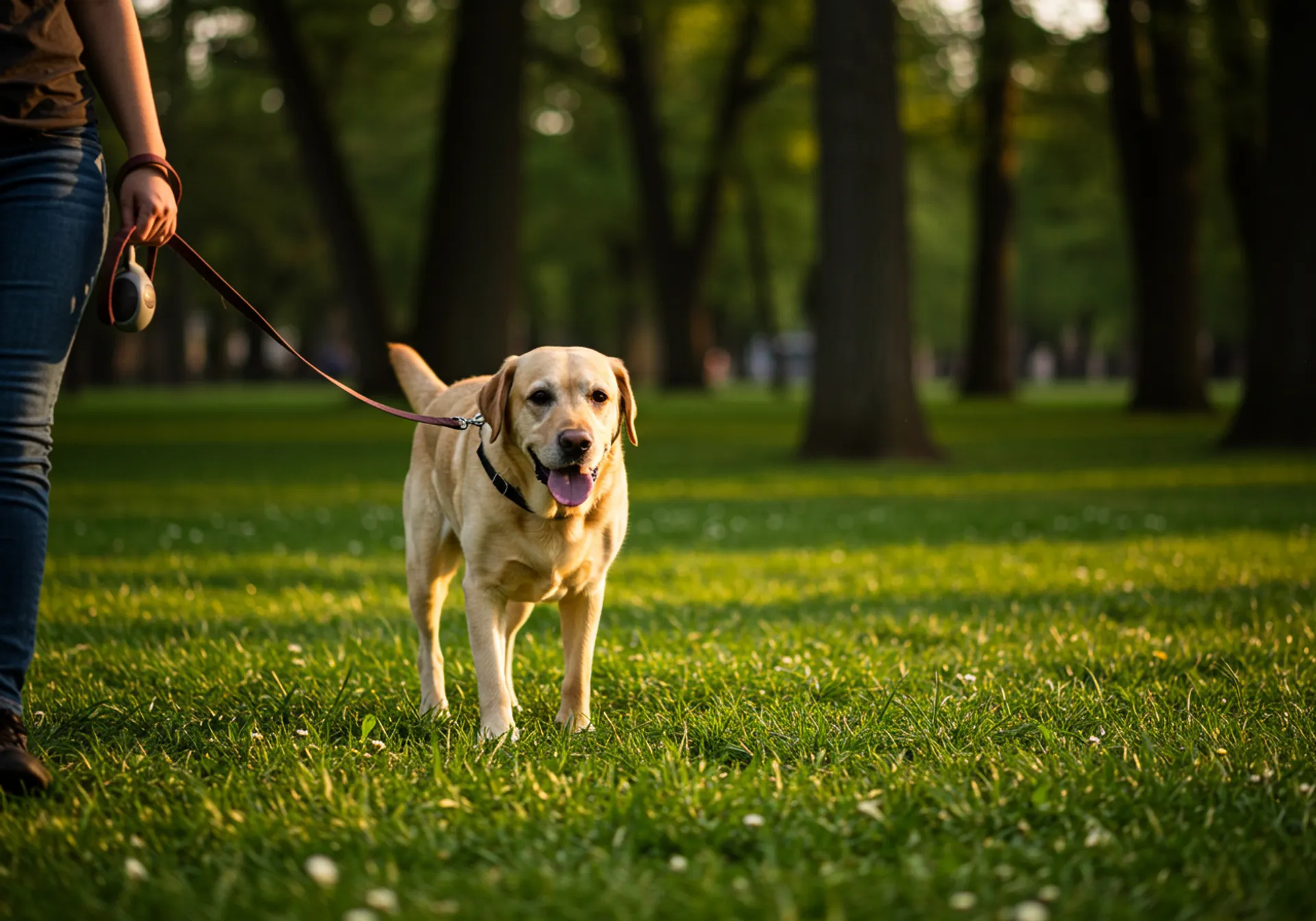 A person walking a dog in a park, illustrating active lifestyle choices for seniors in "A Complete Guide to Golden Years Wellness."