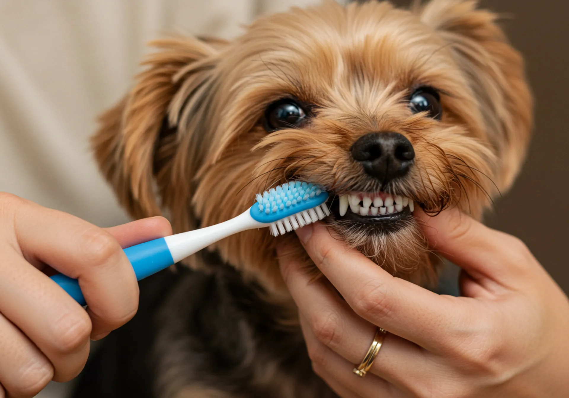 A small dog being brushed with a toothbrush, featured in 'A Complete Guide to Golden Years Wellness'.