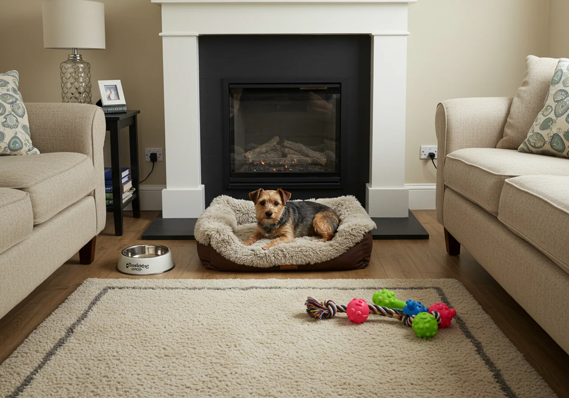 A dog resting comfortably in a dog bed within a cozy living room setting.