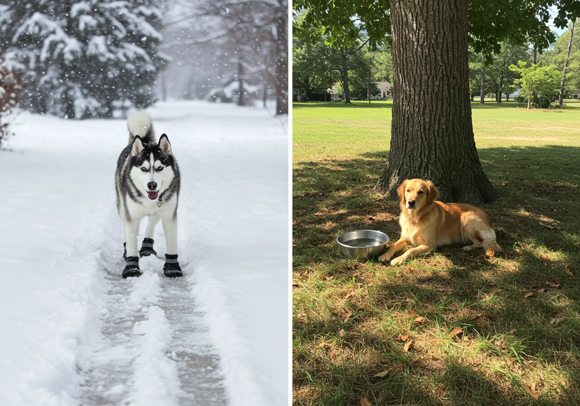 A dog sitting in the snow, with tips for keeping your pup protected from cold weather hazards.