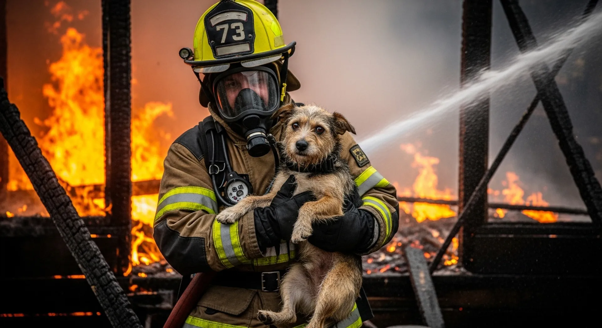 A firefighter cradles a rescued dog in front of a burning building, symbolizing hope and second chances for animals.
