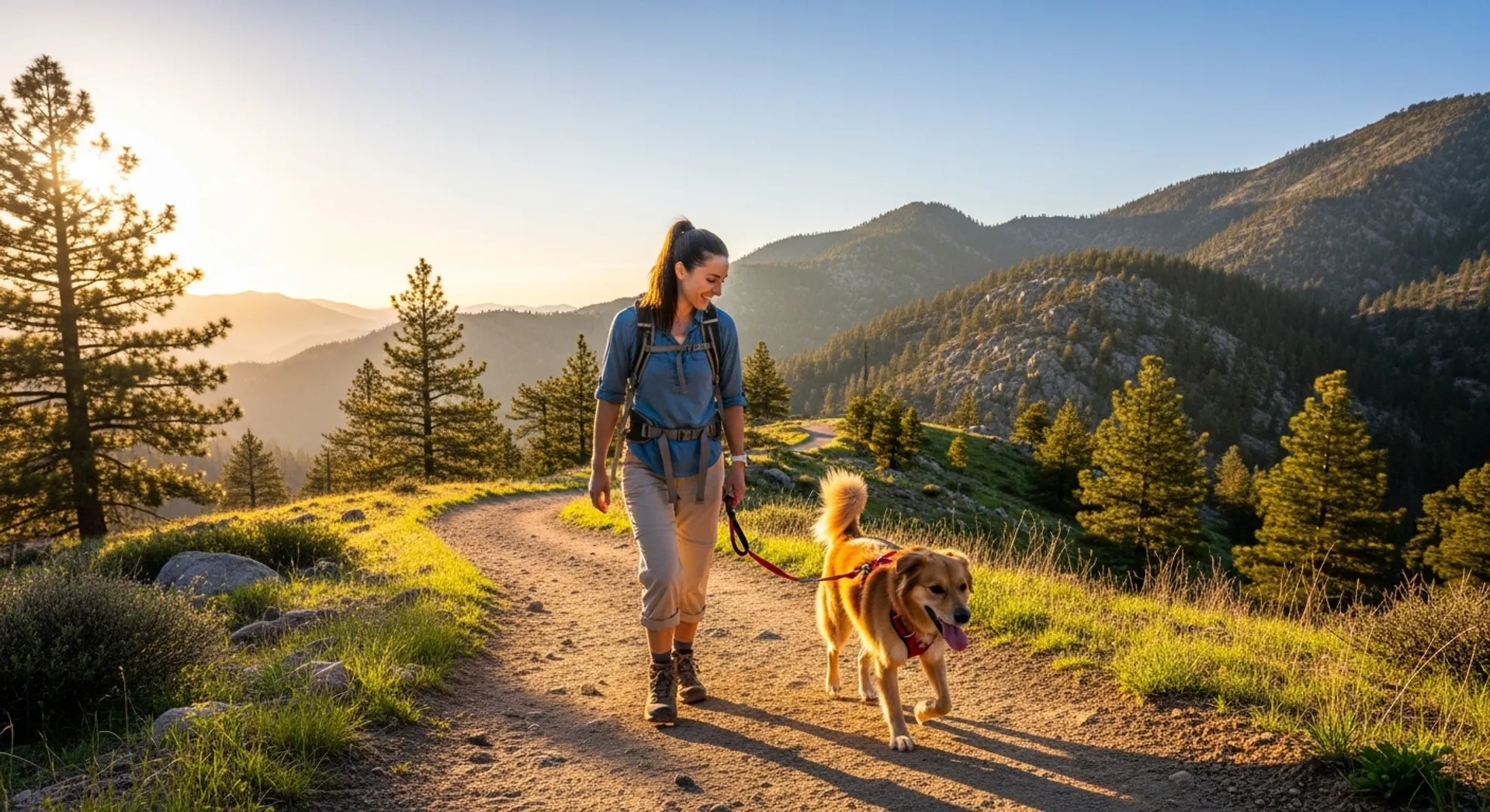 A woman walks her dog along a mountain trail, enjoying nature and keeping her pup happy.
