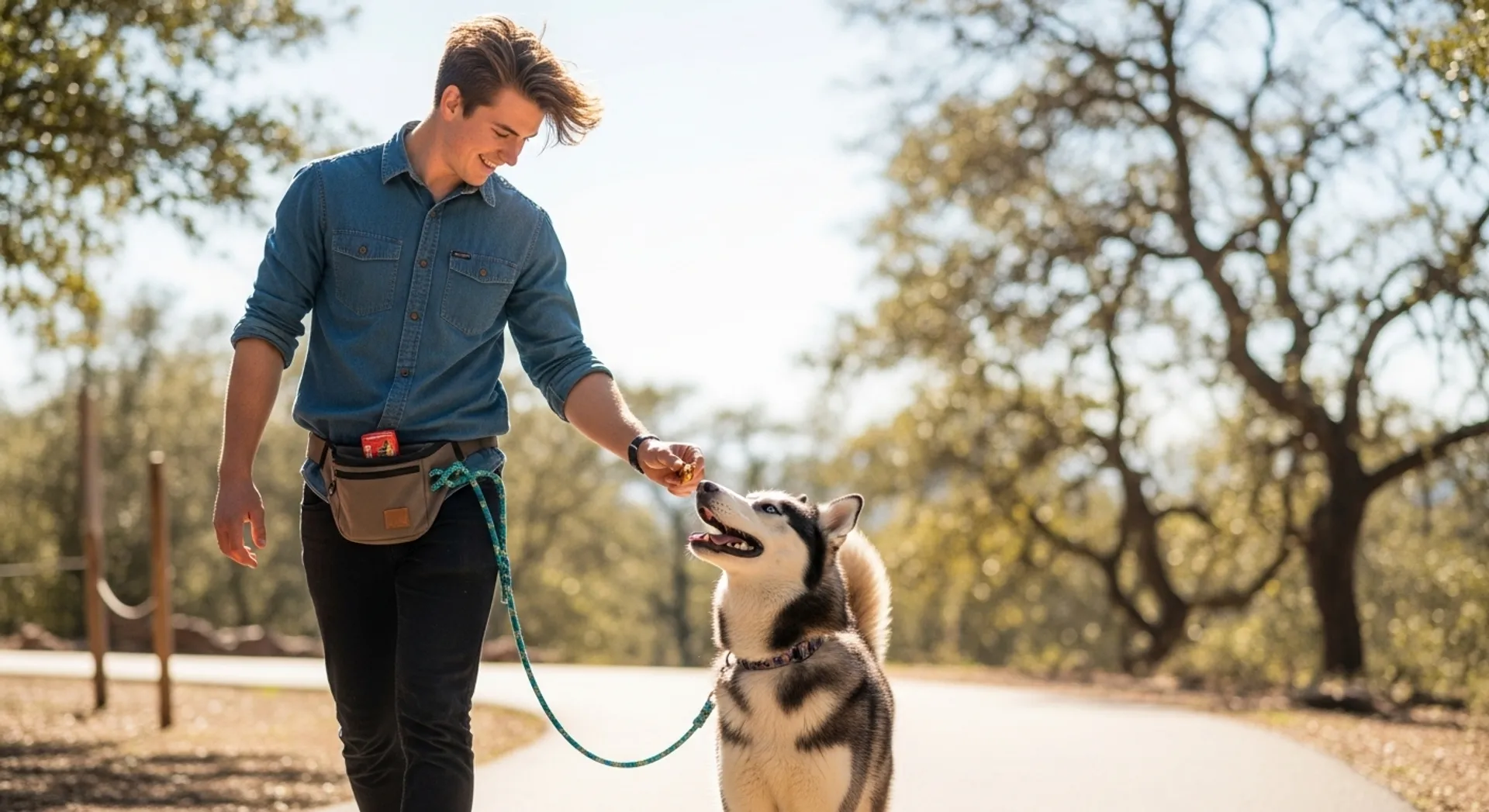 A man walking his dog on a leash, illustrating the importance of training for pet owners.
