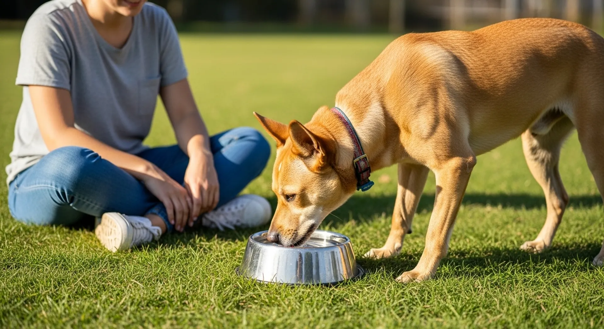 A woman sits on the grass with her dog, both enjoying a meal from a bowl, highlighting essential pet care tips.