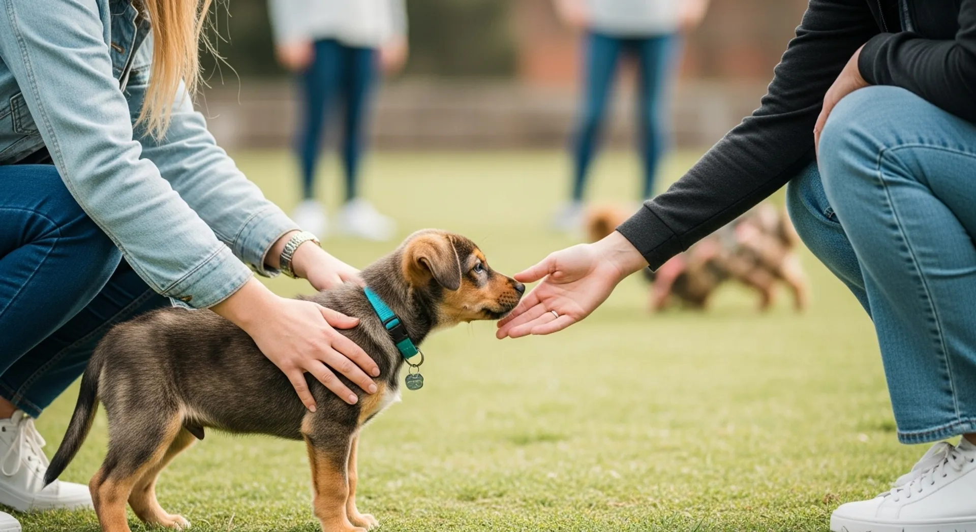 A woman gently pets a puppy on the grass, illustrating a moment of bonding and care in dog training.