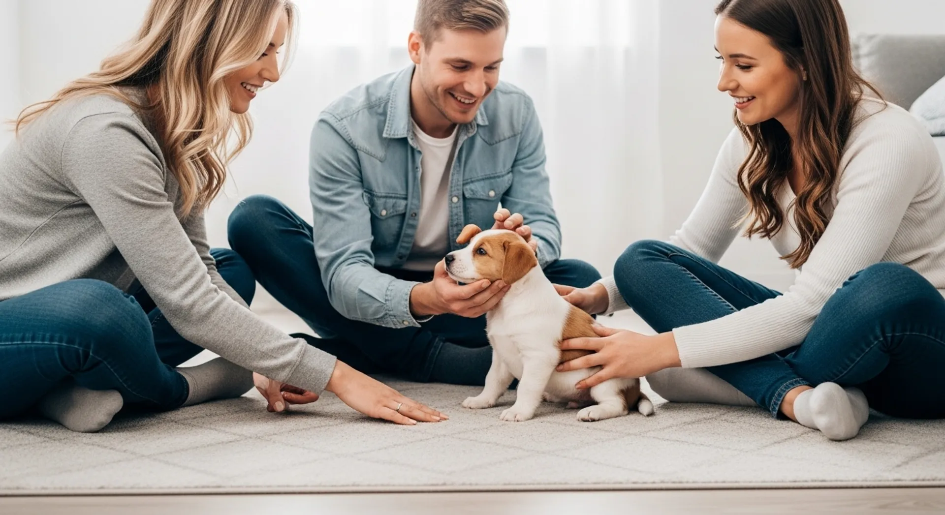 A couple and their dog sitting on the floor, surrounded by pet supplies, highlighting tips for raising a happy pup.