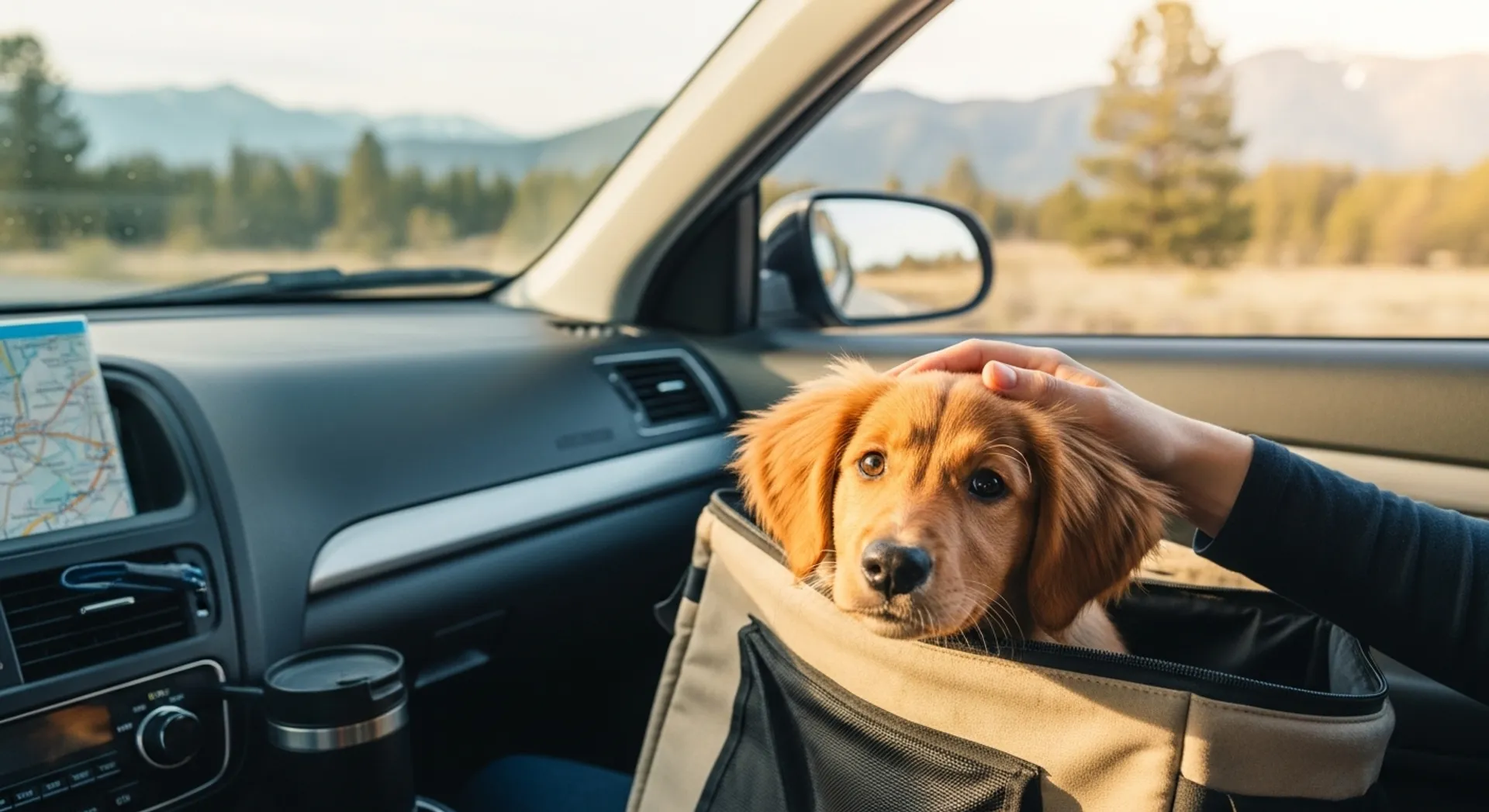 A dog sits in a car seat with a map while a person drives, illustrating travel tips for raising a happy pup.