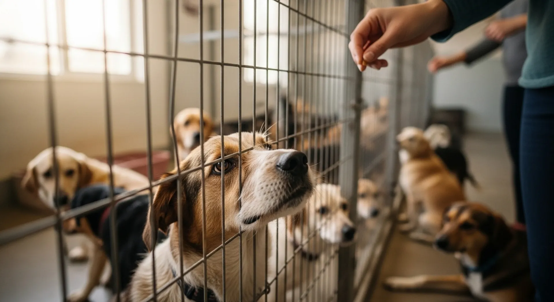 A person gently pets a dog in a cage, highlighting the theme of second chances for dogs.