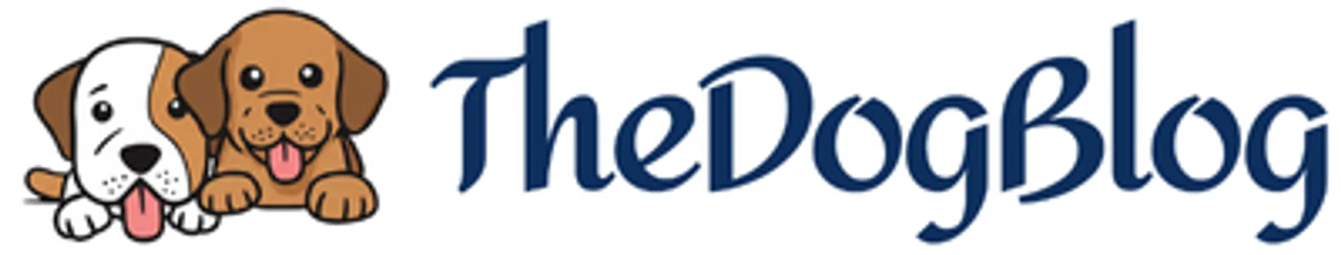 The Dog Logo with dark blue text and two cartoon cute dogs laying down.