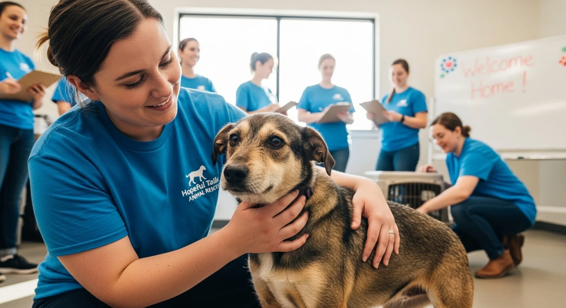 A woman in a blue shirt gently pets a dog in a cozy room, highlighting inspiring stories of second chances for dogs.