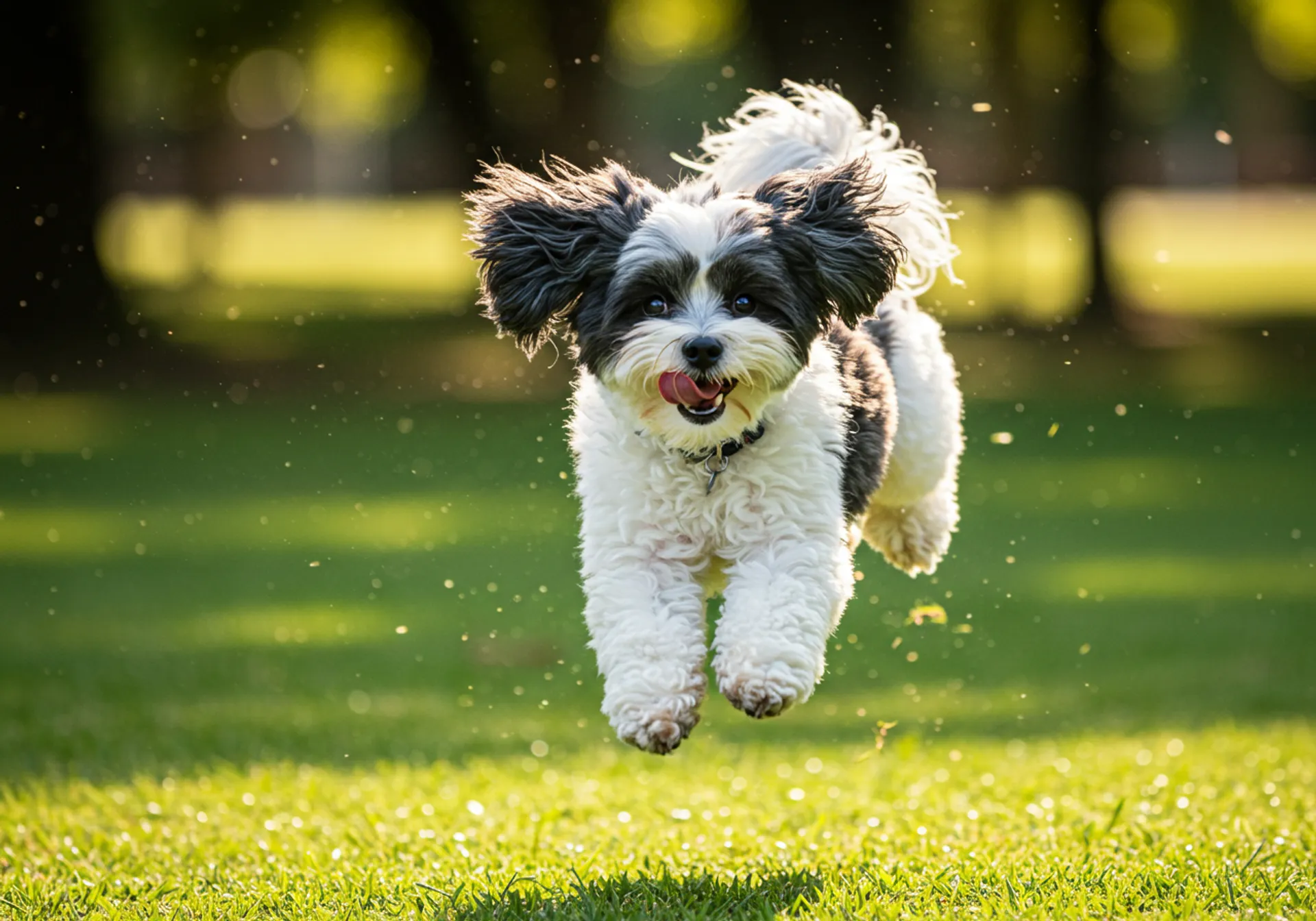 A black and white dog joyfully running through lush green grass, embodying the spirit of pet social media influencers.
