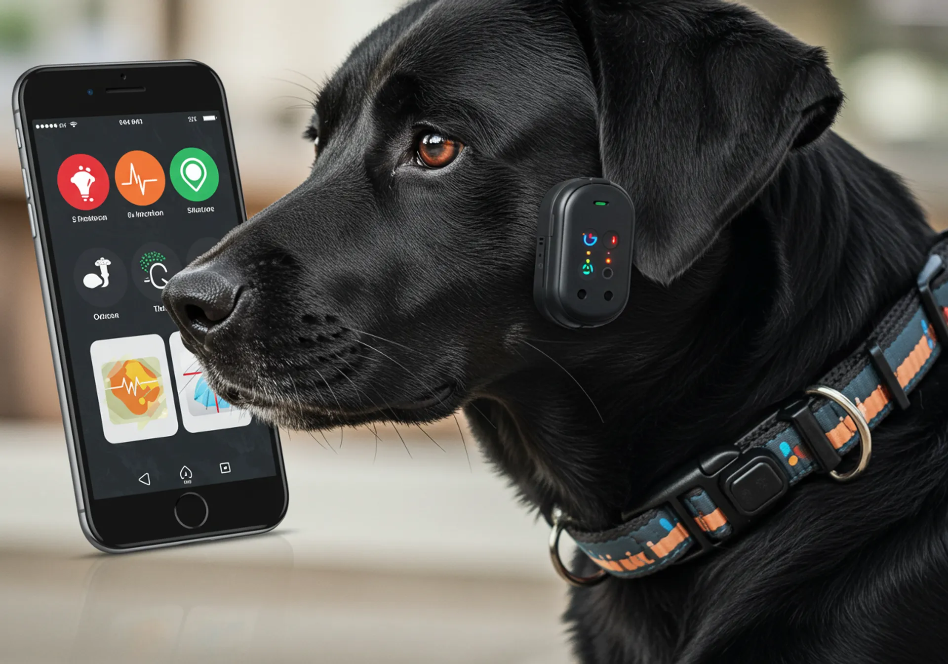 A black dog curiously gazes at a smartphone, highlighting Smart Dog Collars & Wearable Tech for 2025.