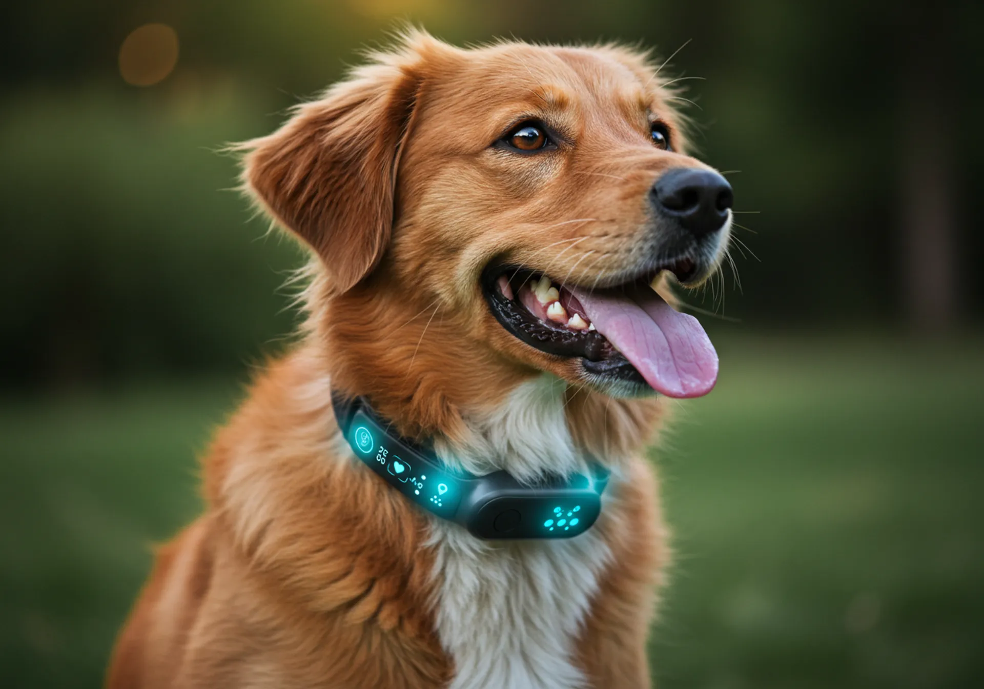 A dog wearing a blue LED collar, showcasing smart dog collars and wearable tech for 2025.