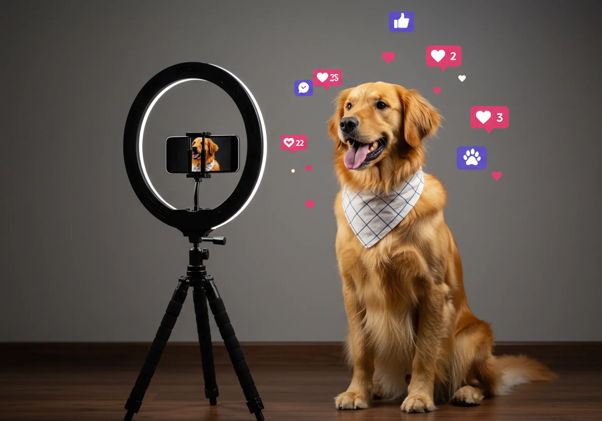 A golden retriever sits in front of a camera on a tripod, showcasing the rise of pet influencers on social media.