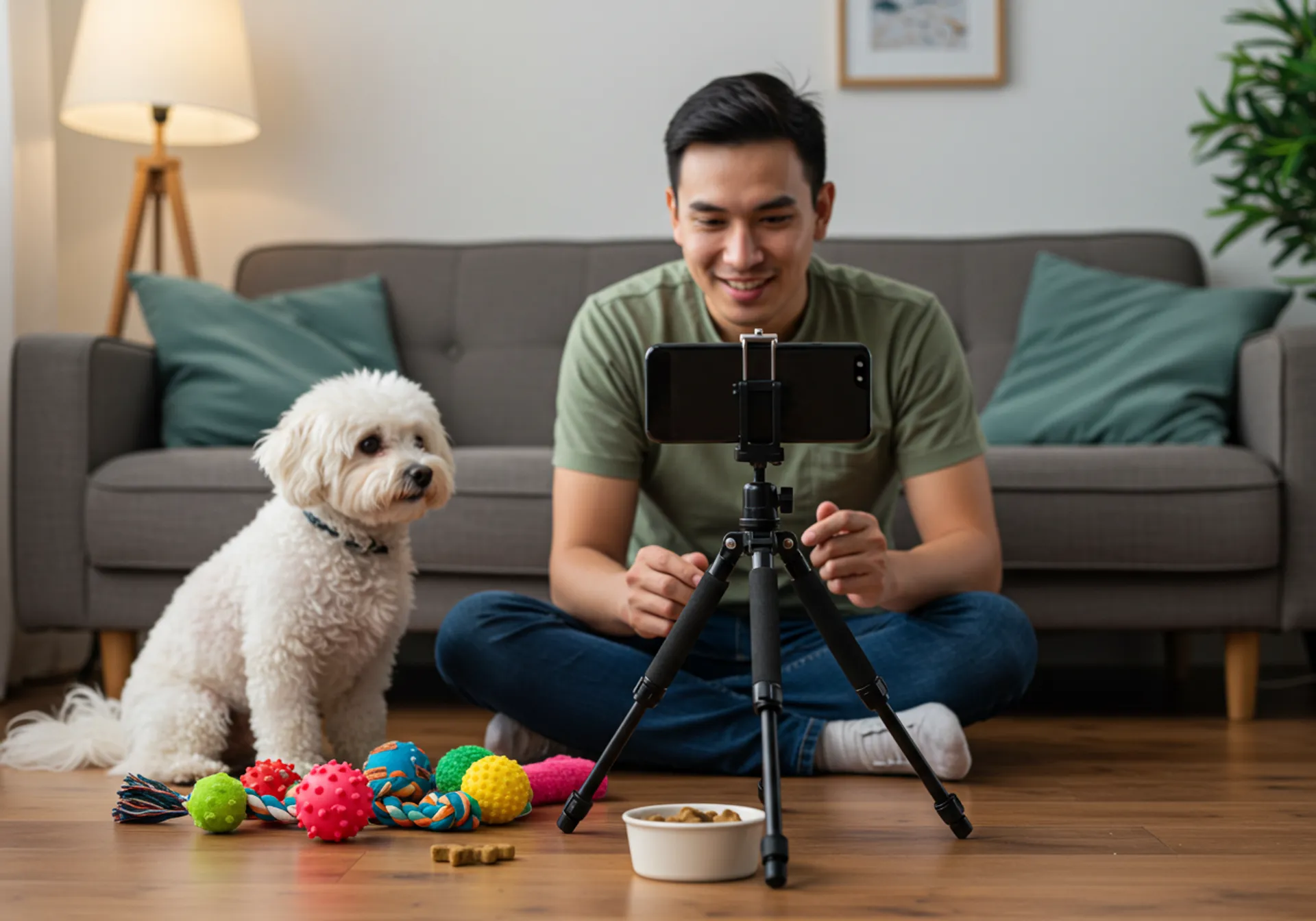 A man sits on the floor with a camera, accompanied by a dog, highlighting the rise of pet social media influencers.