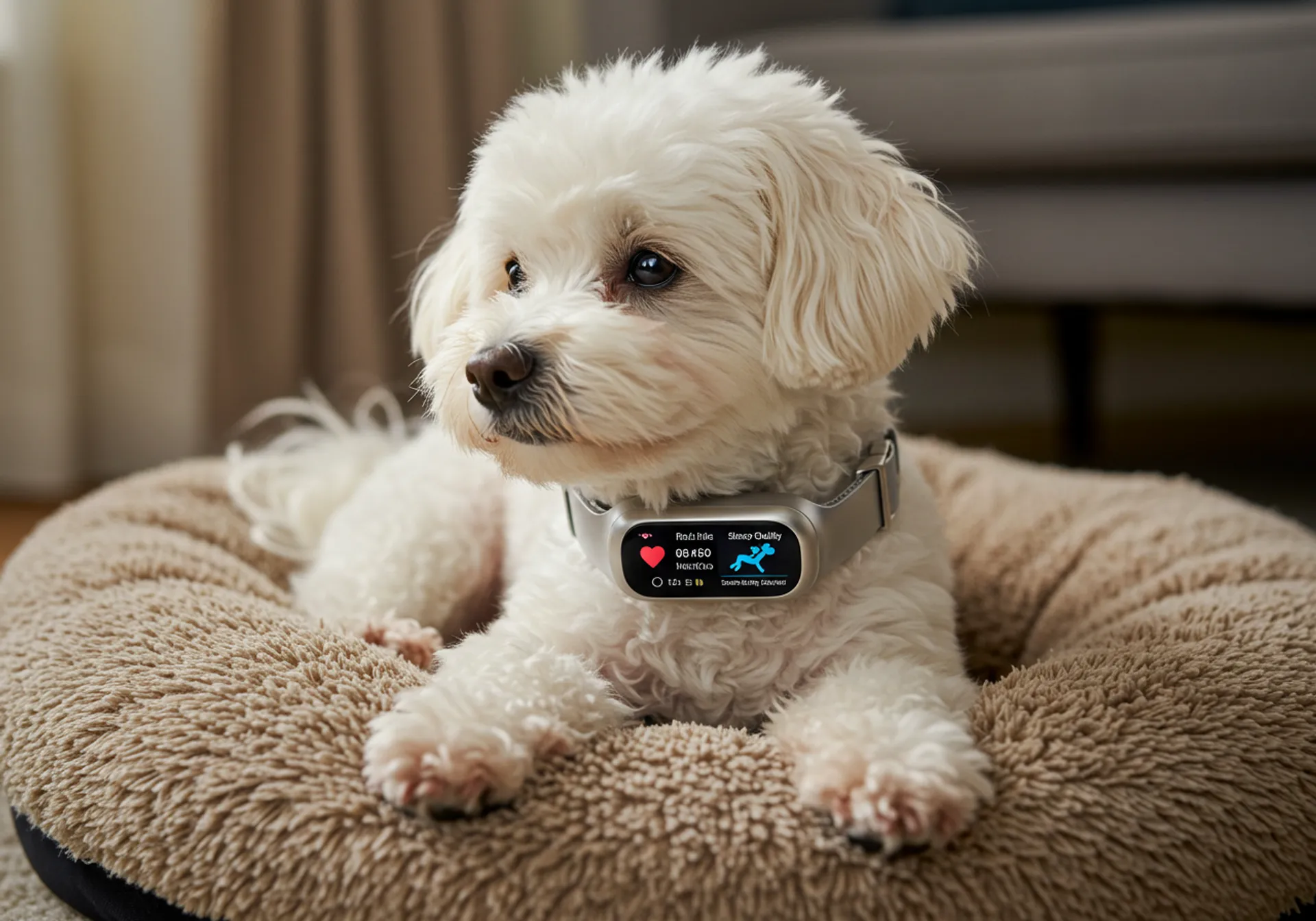 A white dog sitting comfortably in a plush dog bed, surrounded by smart collars and wearable tech for 2025.