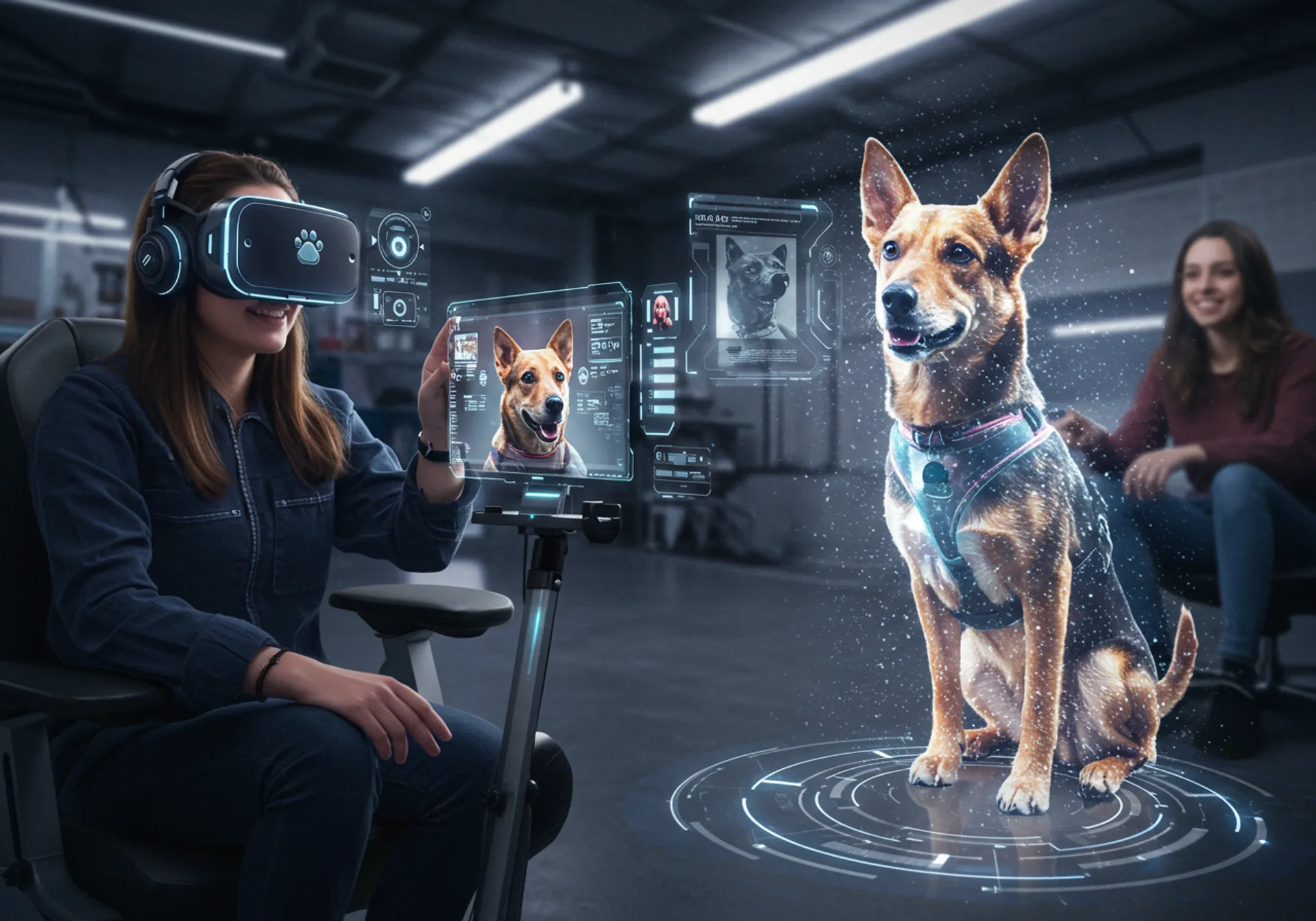 A woman sits in a chair wearing a VR headset, with a dog beside her, highlighting the rise of pet social media influencers.