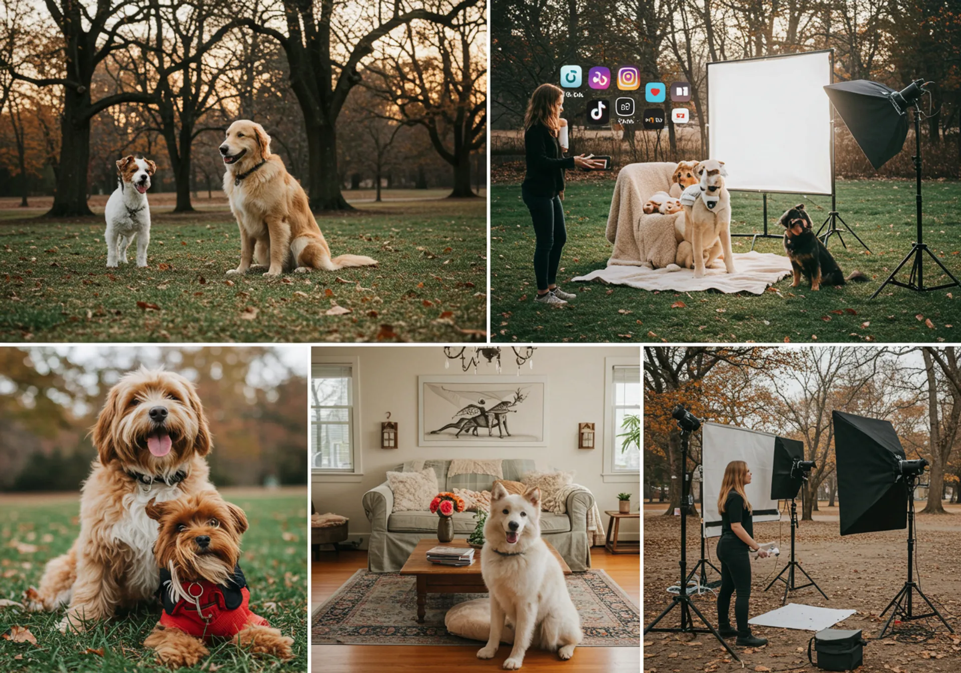 Four images featuring a dog posing with a photographer, highlighting the rise of pet influencers on social media.