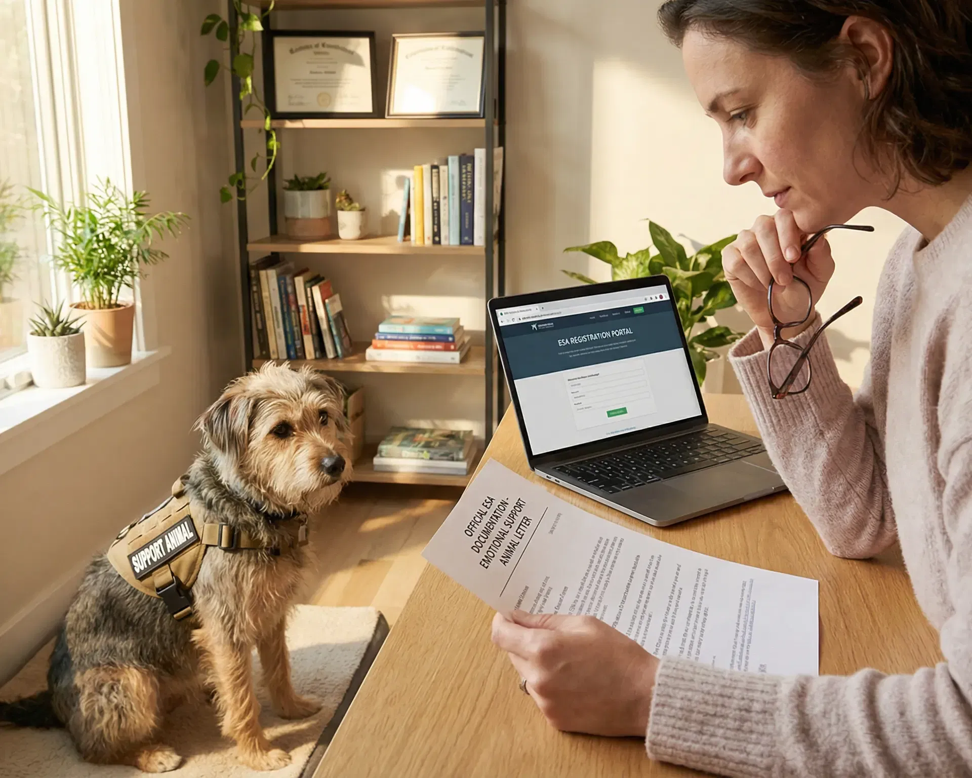 A person reading an ESA letter document with their dog nearby
