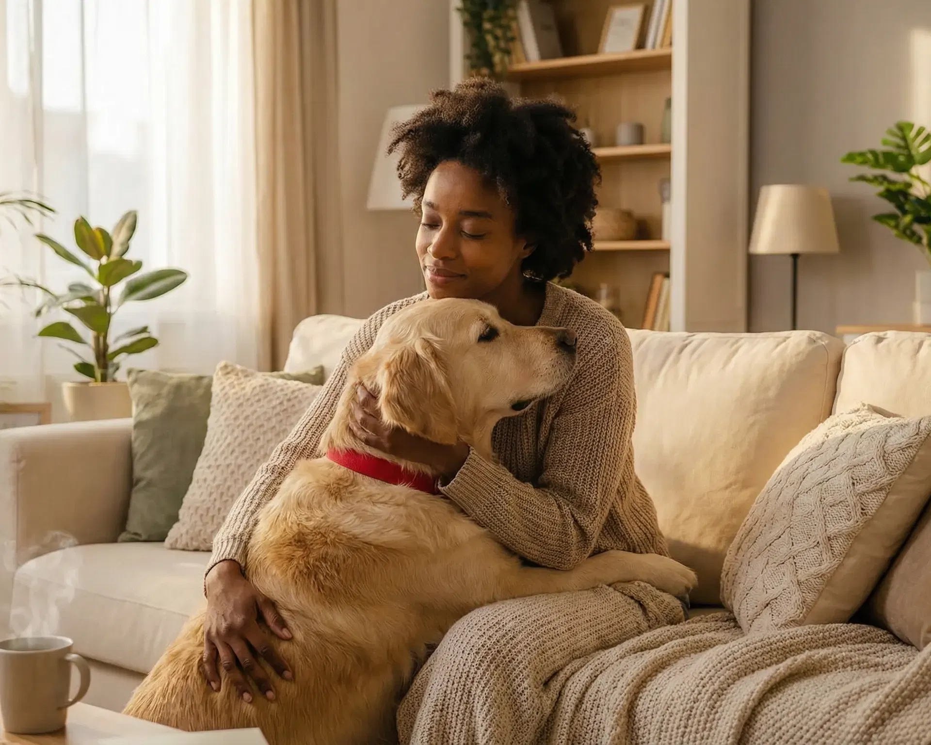 A woman with a golden retriever emotional support dog at home