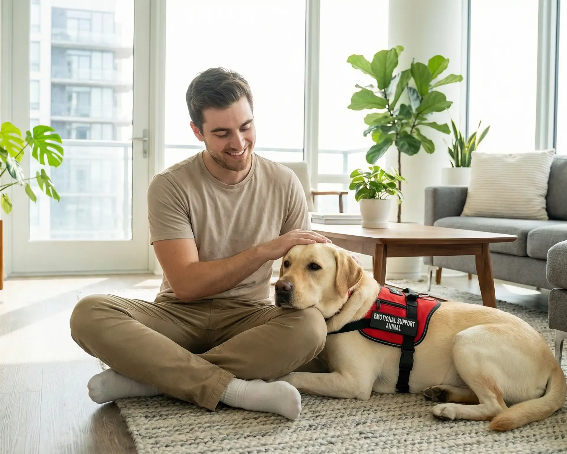An emotional support dog with its owner in a modern apartment