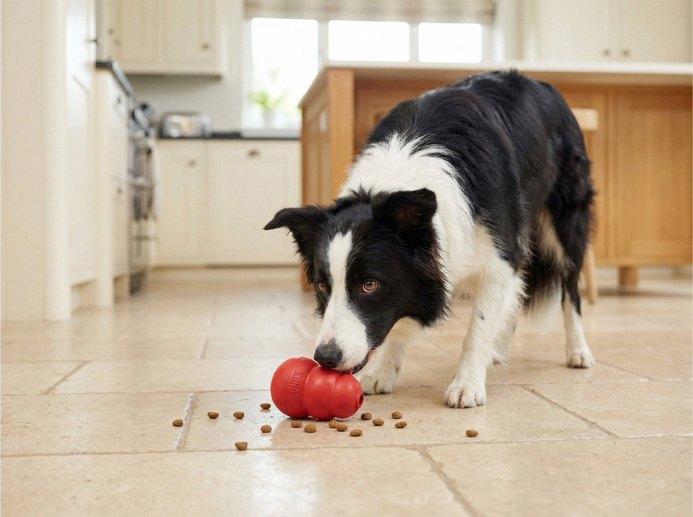 Border collie playing with treat dispensing KONG toy in kitchen