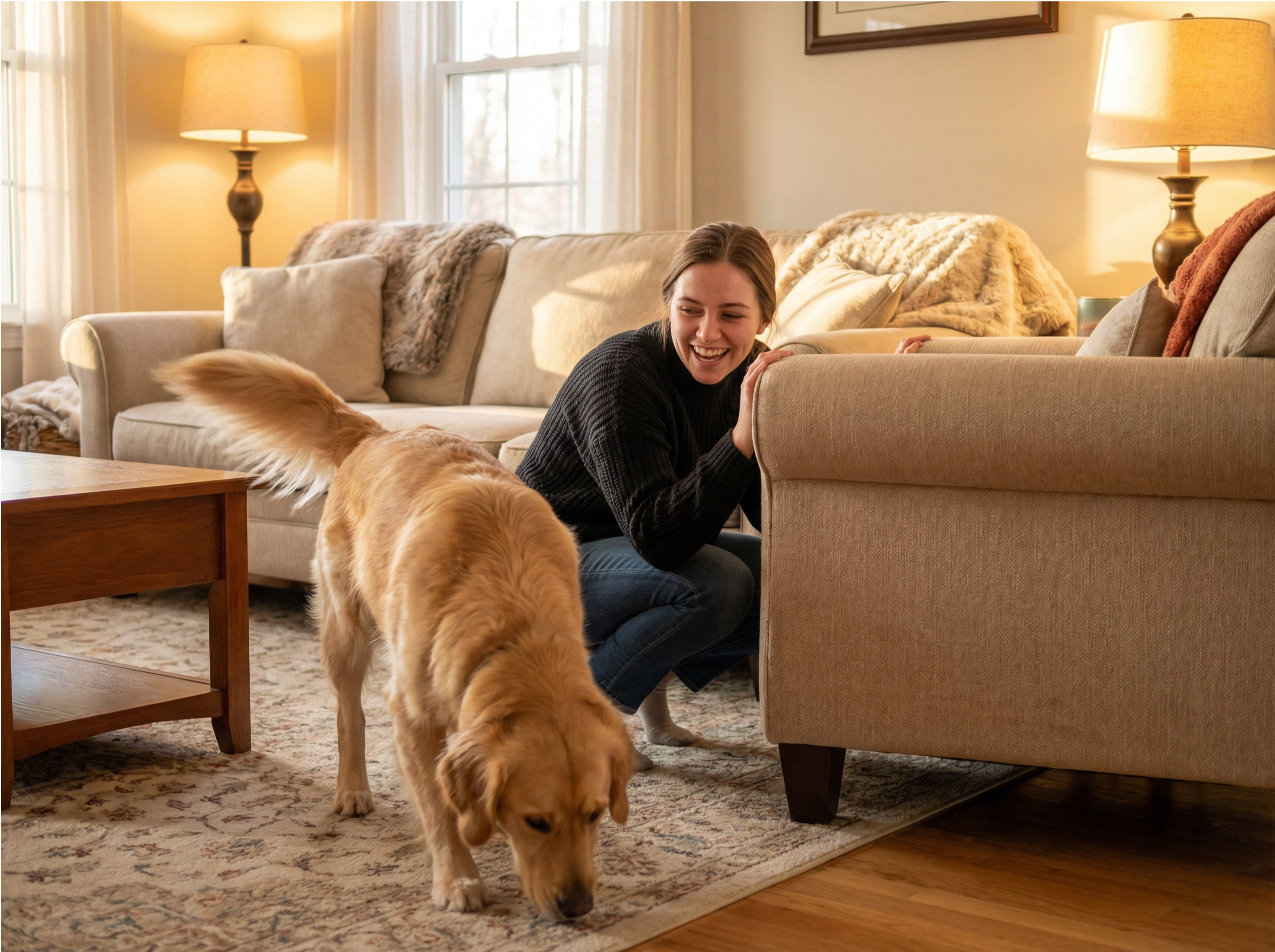 Dog owner playing hide and seek with golden retriever indoors